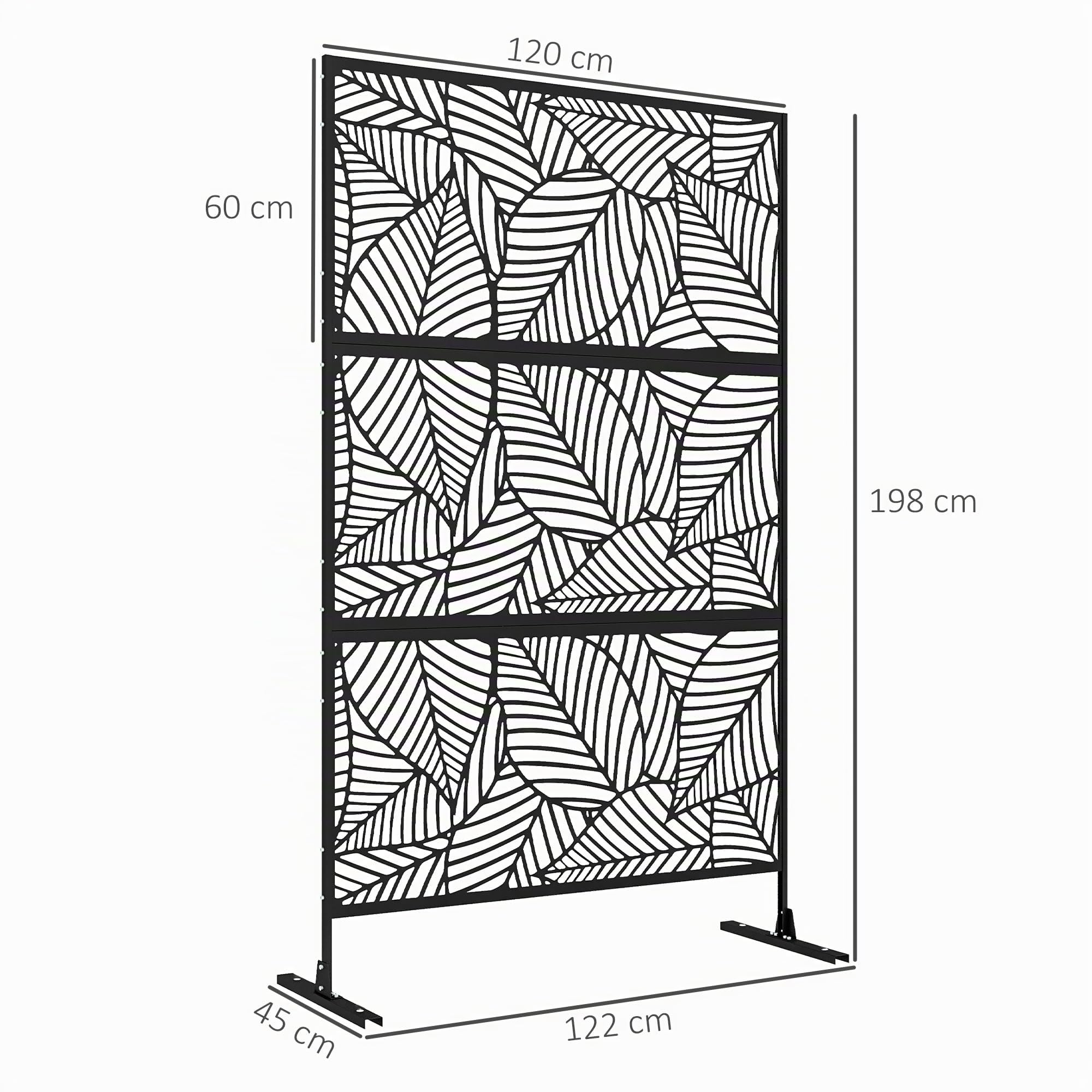 Outsunny Biombo de 3 Paneles con Soporte 122x198 cm para Exterior Negro | Con Tornillos de Expansión, Diseño de Hojas Grandes para Jardín, Patio y Terraza