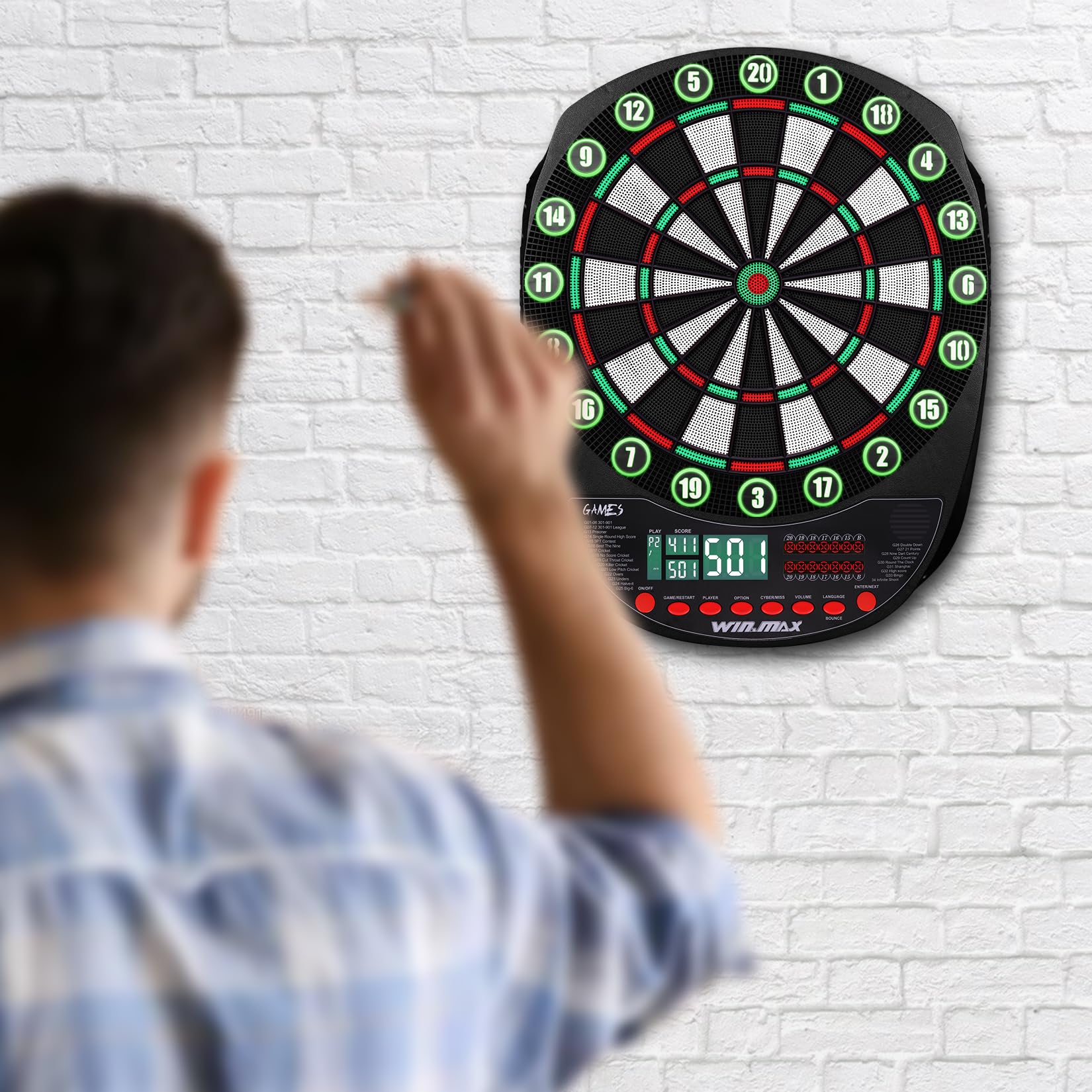 Cible de fléchettes électronique Professionnelle 34 Jeux avec 354 Variantes 3 Langues : Allemand, Anglais, français pour 1 à 8 Joueurs avec 12 fléchettes
