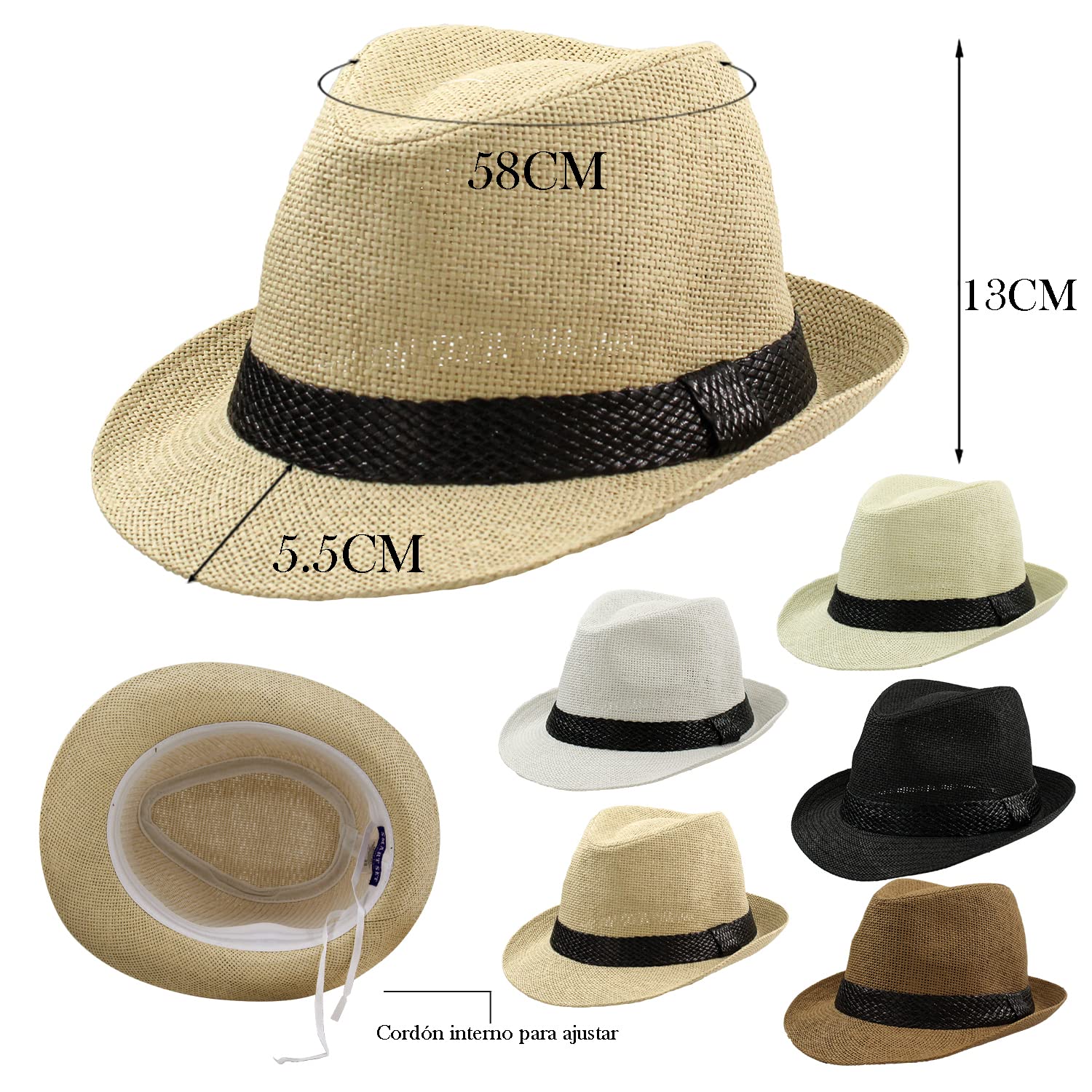 Sombrero Paja de Papel Hombre Mujer Gorra Panamá Verano Playa de ala Corta Moda Unisex 57/58CM