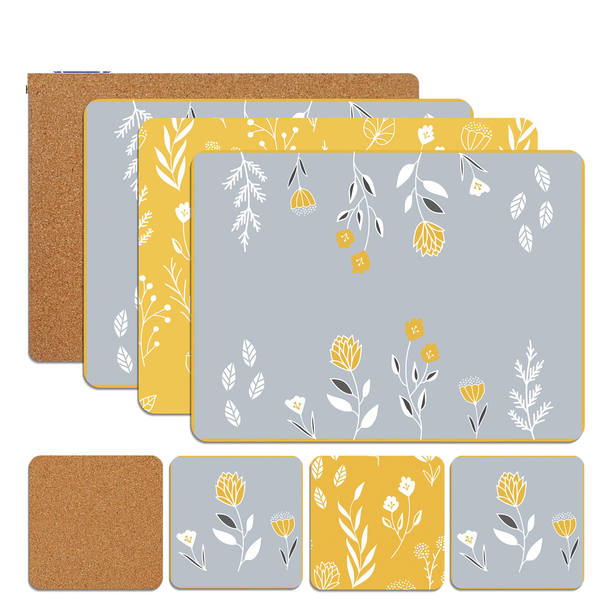 Sixsigma Sports Floral Yellow Placemats & Coasters Set Heat Resistant Cork Placemats Table Mats For Dining Kitchen Place Mats Set Of 8 - Ideal Table Christmas Decorations 21.5 X 29Cm (Floral Yellow)