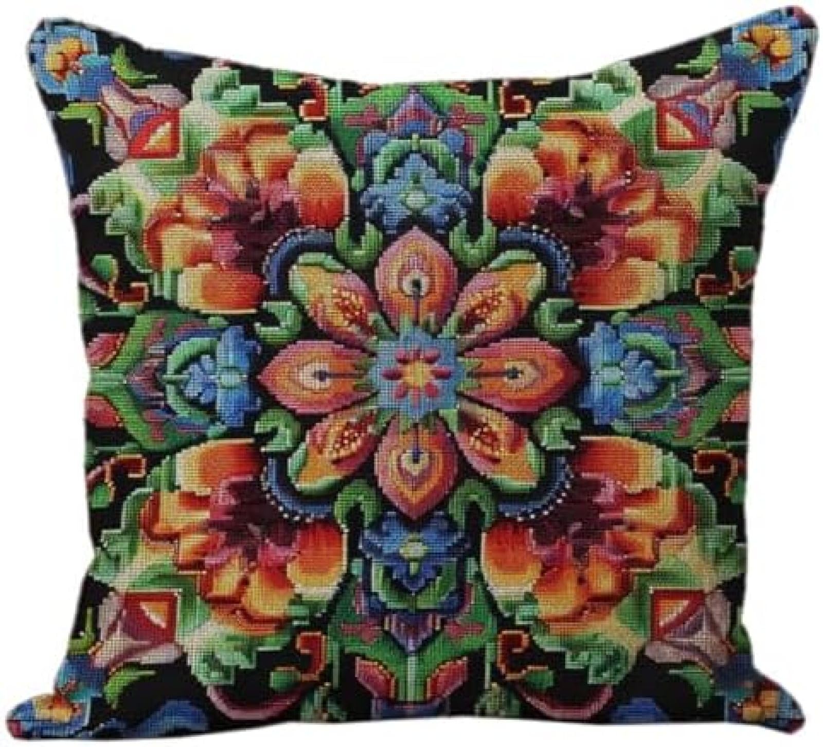 WallustrioaW Stamped Cross Stitch Pillow Kits Exotic Colorful Mandala Flower,11CT Cross Stitch Cushion Cover Embroidery Kit Needlepoint Handmade Cushion for Home Decor 18x18inch