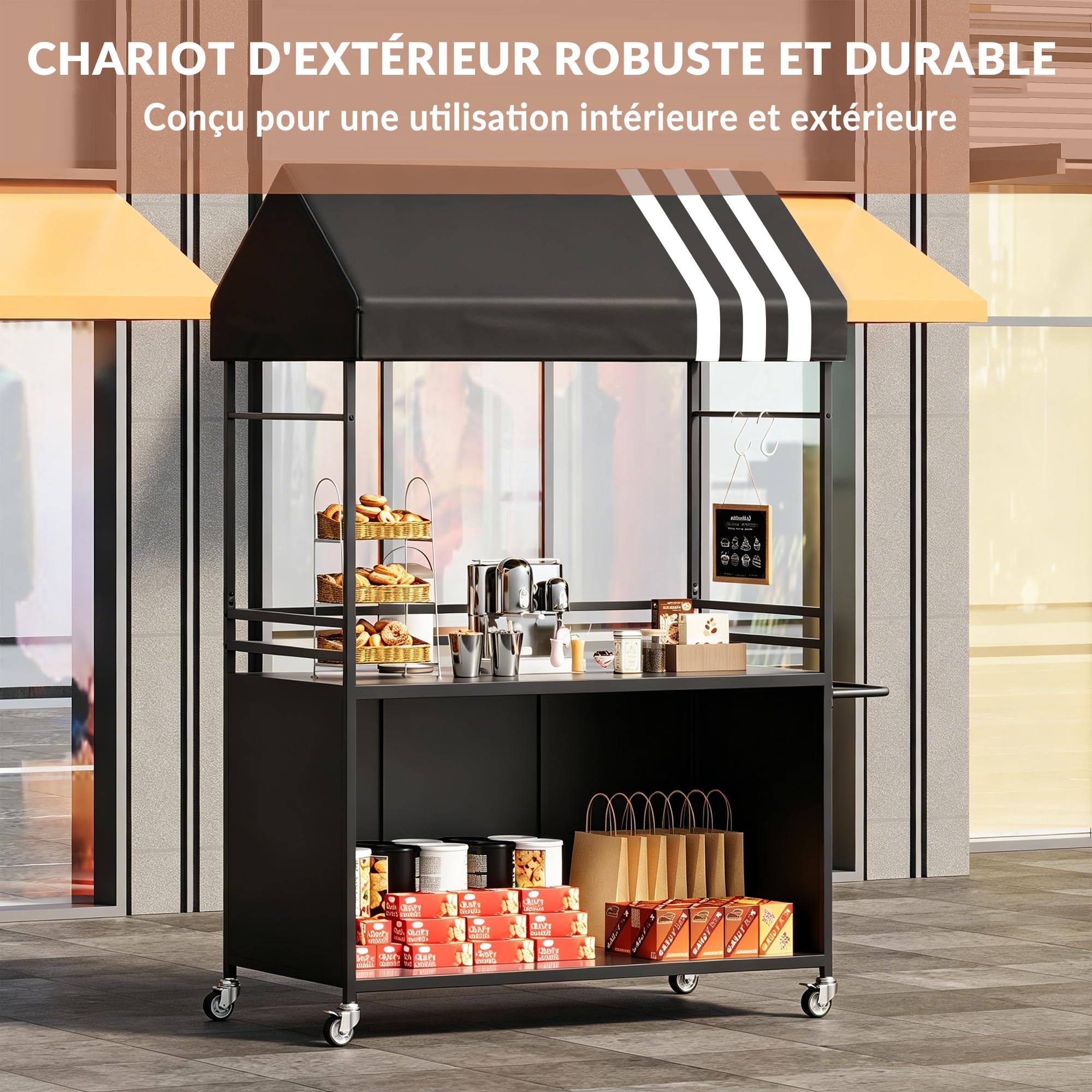 Chariot de Vente Portable avec auvent, Chariots Alimentaires Mobiles avec Roues verrouillables, présentoir de Rue Robuste de 215 cm de Haut pour événements intérieurs et extérieurs