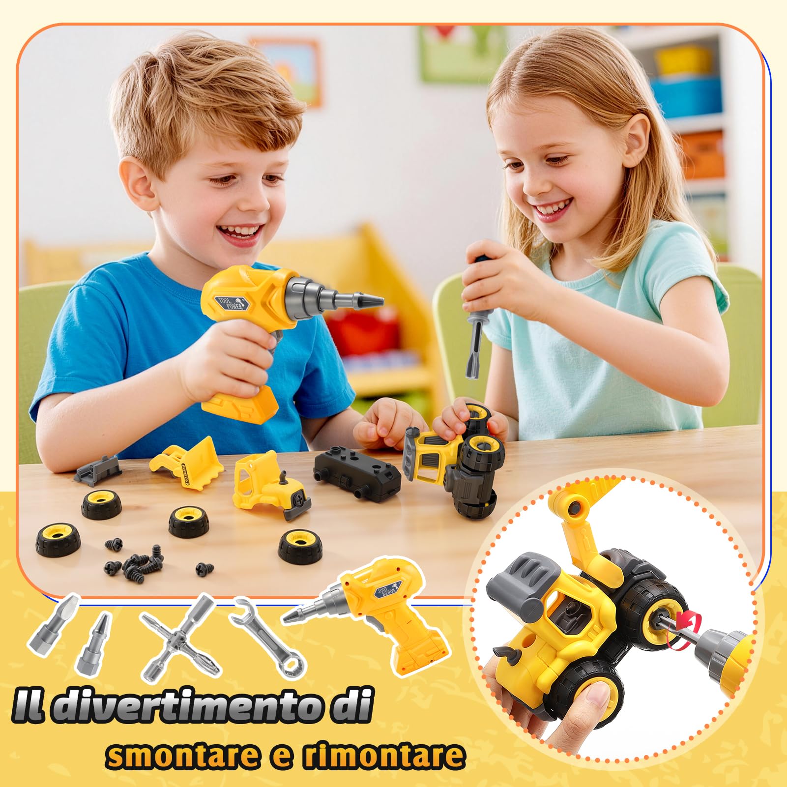 Giocattoli per Bambini Maschi 3-8 Anni: Set Gioco Meccanico con Camion Smontabile, Trapano Elettrico e Costumi da Costruzione, Gioco di Ruolo Officina, Regalo Educativo Compleanno per Bambini