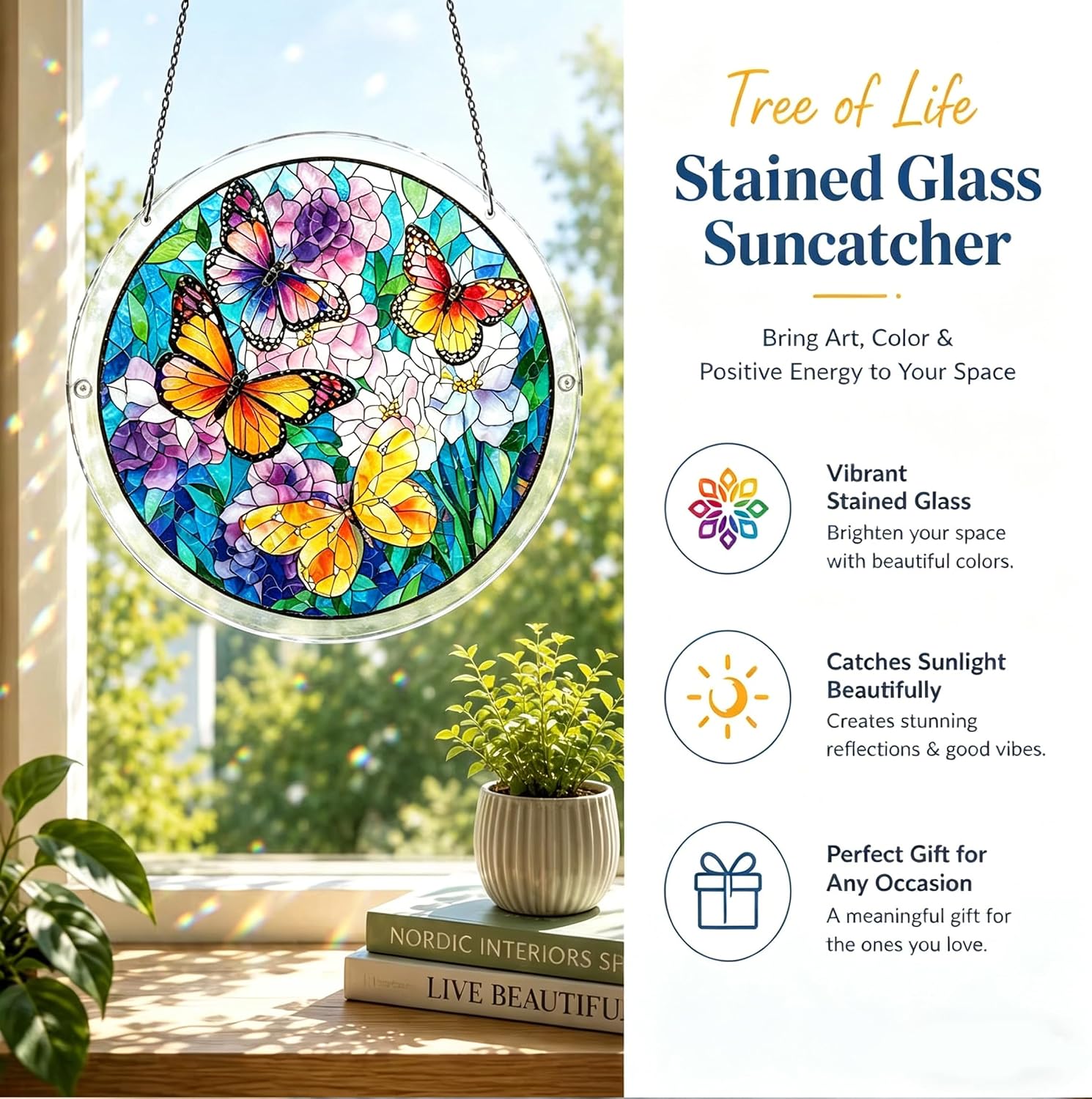 Stained Glass Style Acrylic Puzzle Suncatcher, Irregular Hanging Ornament for Window, Rainbow Refracting Home Decor, Ideal Gift for Men & Women on Mother's Day (Butterfly Loves Flower, 8.2in×8.2in)