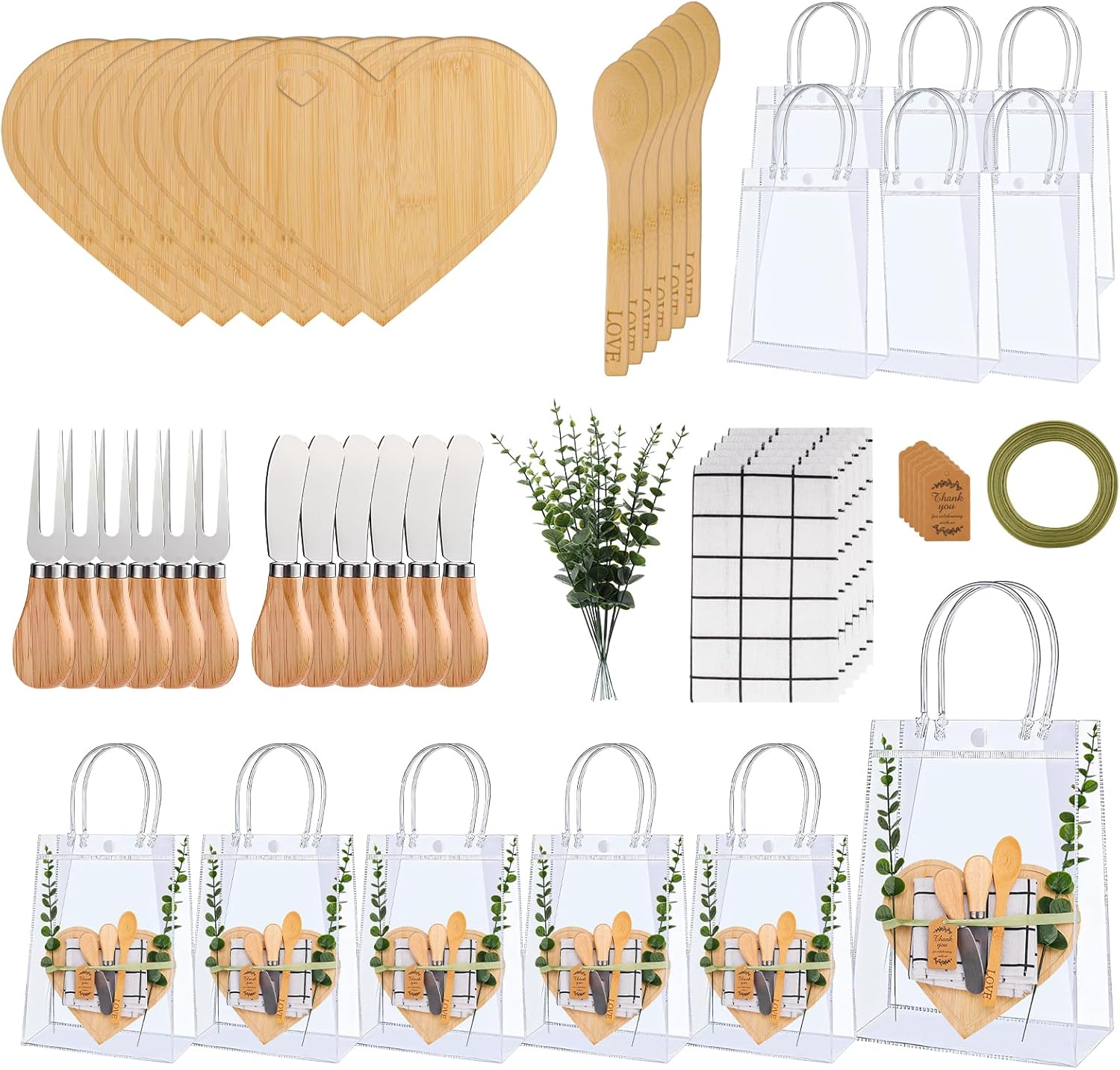 55 Pcs Baby Shower Prizes for Game Winners, 6 Sets Bamboo Cheese Board Kit with Utensils & Towel, Thank You Cards & Gift Bags for Adult Party Favors