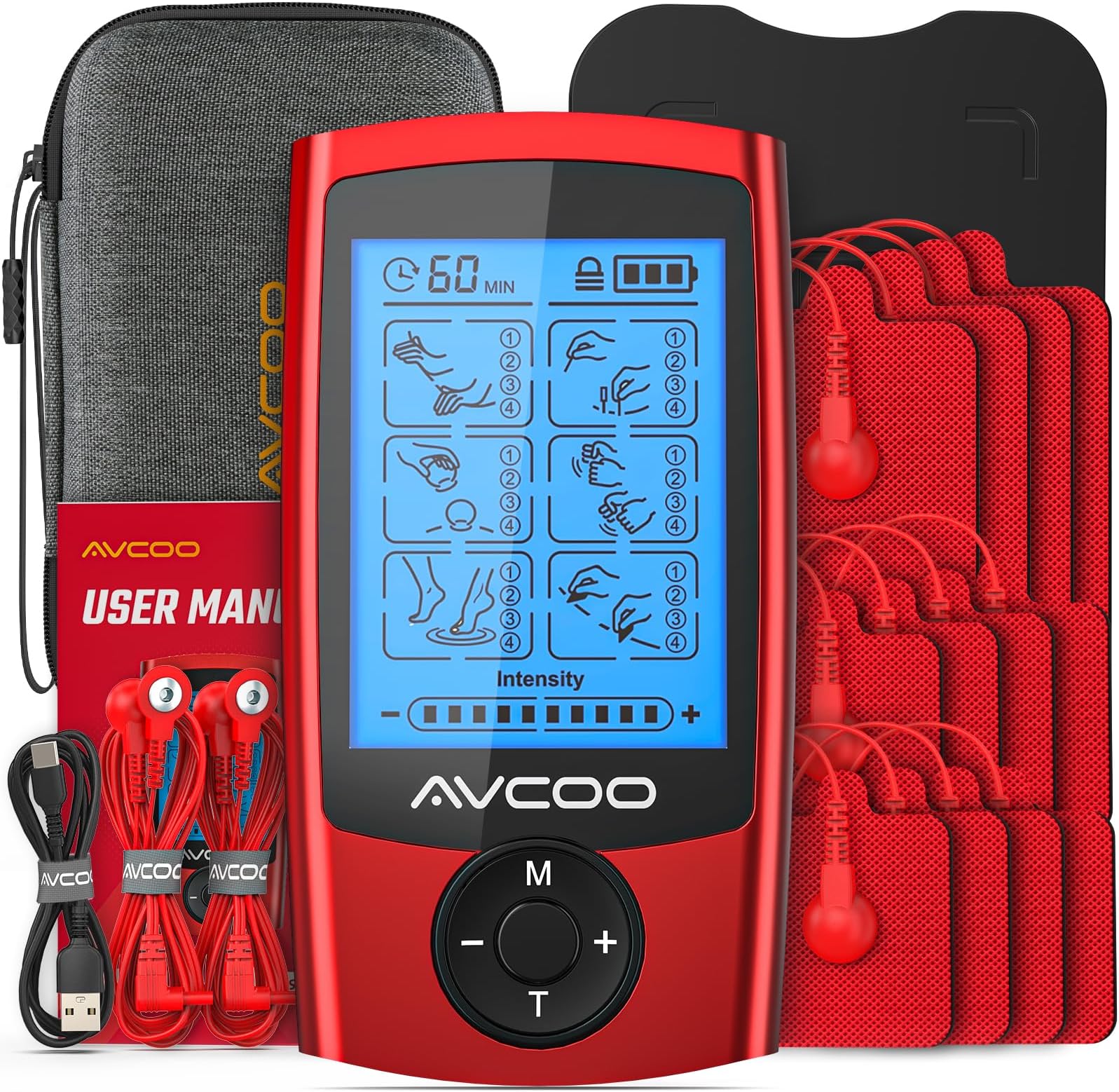 AVCOOTENS Unit with 24 Modes, Dual Channel TENS Unit Muscle Stimulator, Rechargeable TENS Machine for Muscles, Shoulder, Neck, Sciatica and Back Pain Relief with 12 Upgraded Pads, EVA Case, Red