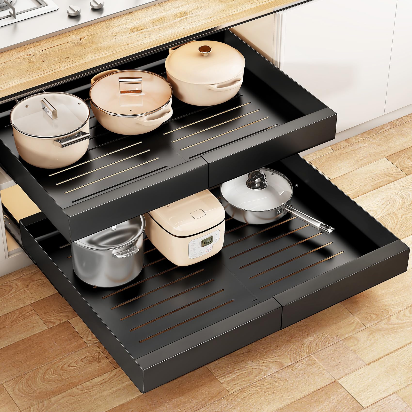 Wider Pull out Cabinet Organizer, Expandable(13.6"-24") Heavy Duty Peel and Stick Roll out Drawer for Pots and Pans, Adjustable Adhesive No Drill Screw Slide out Shelf Storage for Home Kitchen Pantry