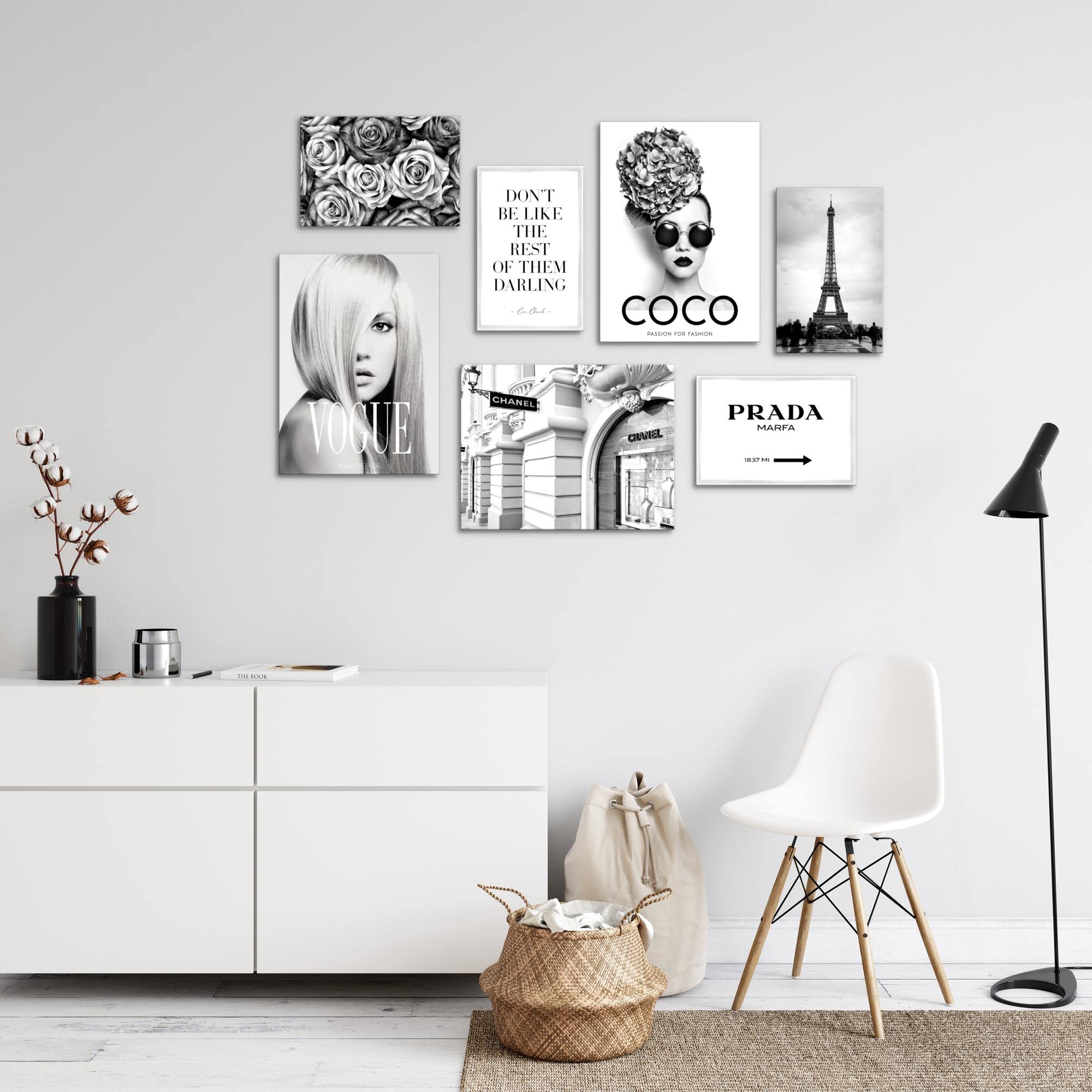 Novart Wandbilder Fashion Coco - KOMPLETT AUFHÄNGFERTIG - Schwarz Weiss Wohnzimmer Mädchen Teenager - 7 Moderne Mood-Bilder - N009071a