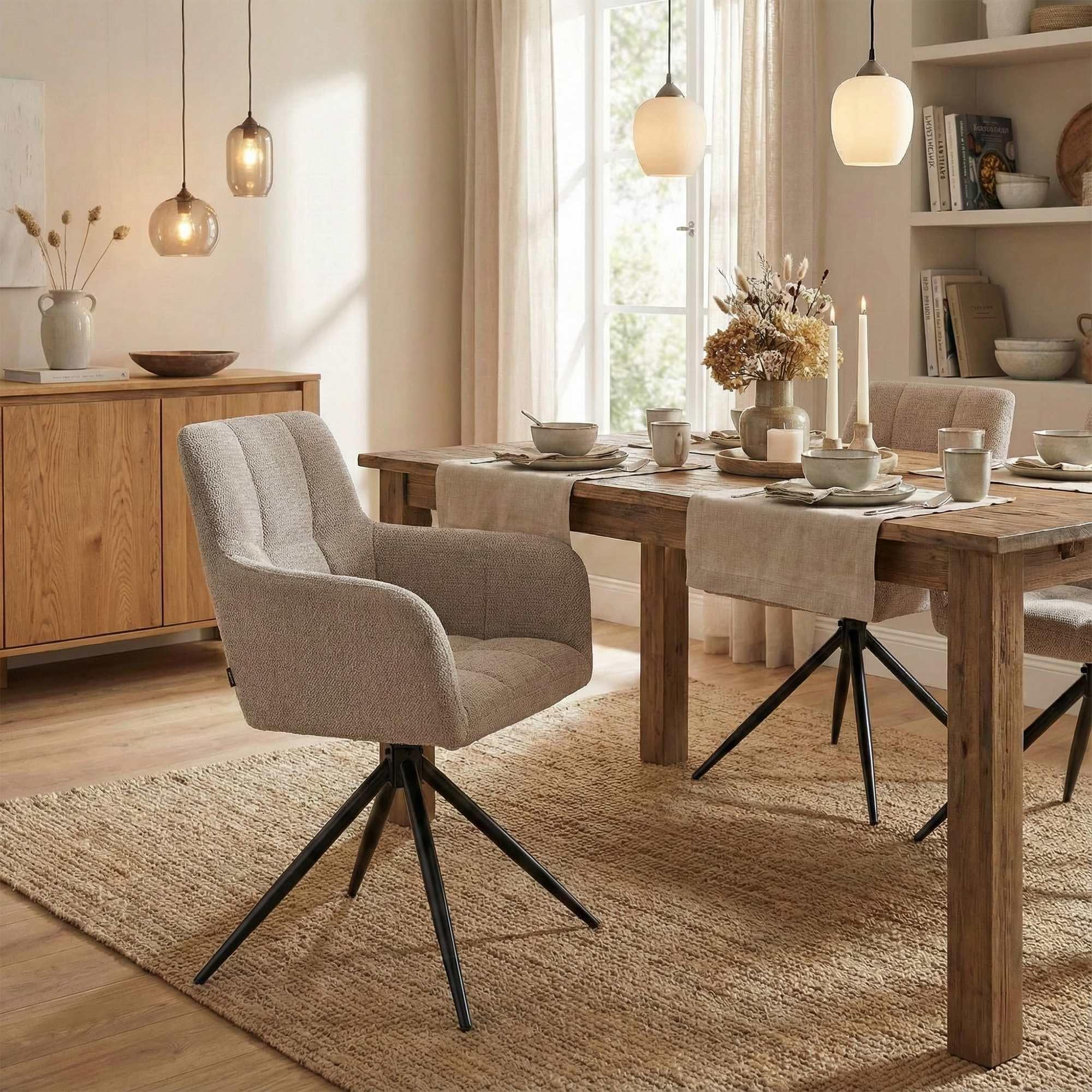 CLP Esszimmerstühle 2er Set, Sessel Jonah drehbar mit Armlehnen, Moderne Drehstühle mit Stoff für Wohnzimmer, bis 150 kg belastbar | Farbe Taupe