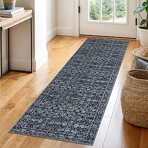 2x6 Black Washable Runner Rug for Hallways, Soft Neutral Vintage Kitchen Rugs with Non-Slip, Non-Shedding Distressed Floral Carpet for Bedroom Porch Laundry Entryway