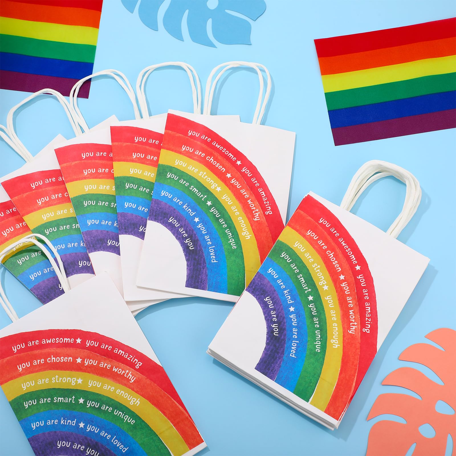 Coume 12 Pcs End of The Year Gifts Bags for Students Bulk Inspirational Colorful Paper Bags with Handle for Primary School Classroom Prize Kindergarten Preschool, 5.9 x 3.15 x 8.27 Inch (Rainbow)