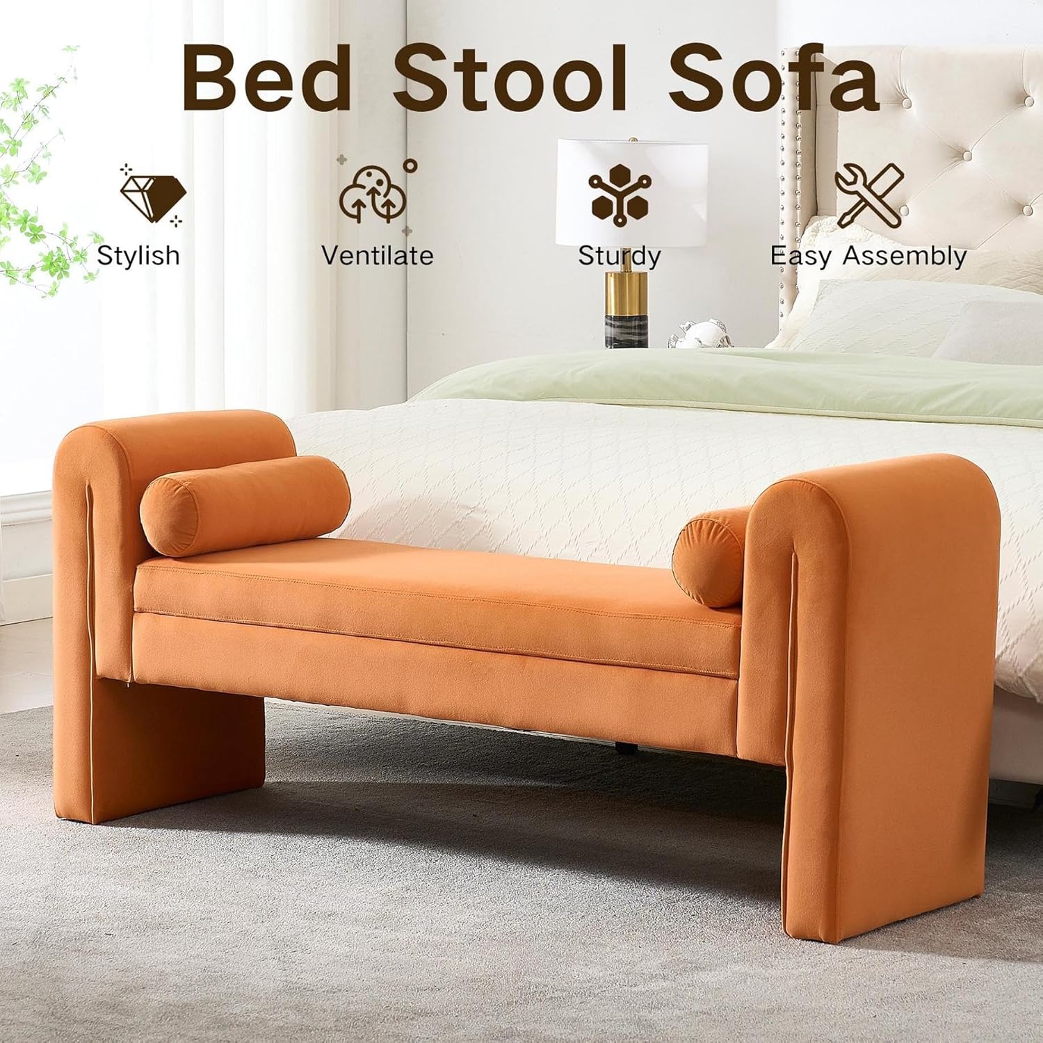 60.5" End of Bed Bench, Velvet Bedroom Bench,King Bed Bench,with 2 Pillows,Upholstered Bench,Suitable for End of Bed, Entryway Living Room,Bedroom. (Orange)