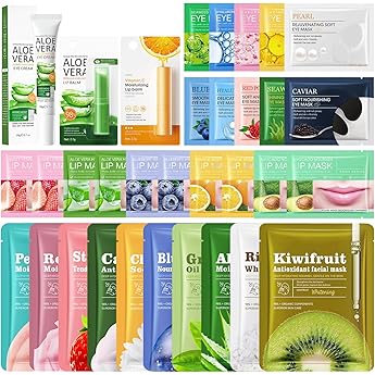 Pack of 33 Face Masks Cloth Masks Face Masks Suitable for All Skin Types Moisturising and Soothing Face Mask Eye Pads Lip Masks Lip Balm Eye Cream Set for Women Gifts