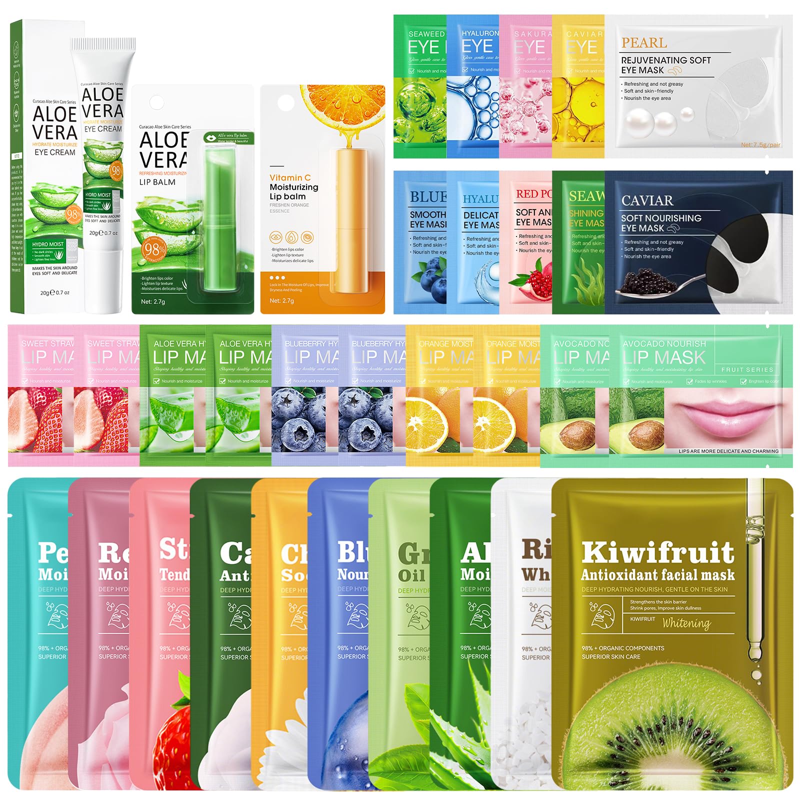 Coffret de 33 masques faciaux en tissu hydratants et apaisants, patchs pour les yeux et baume à lèvres
