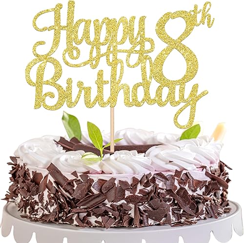 1 pieza de decoración para pastel de cumpleaños 8 con purpurina dorada y alegría a 8 años, número 8, fabulosa decoración de pasteles para cumpleaños