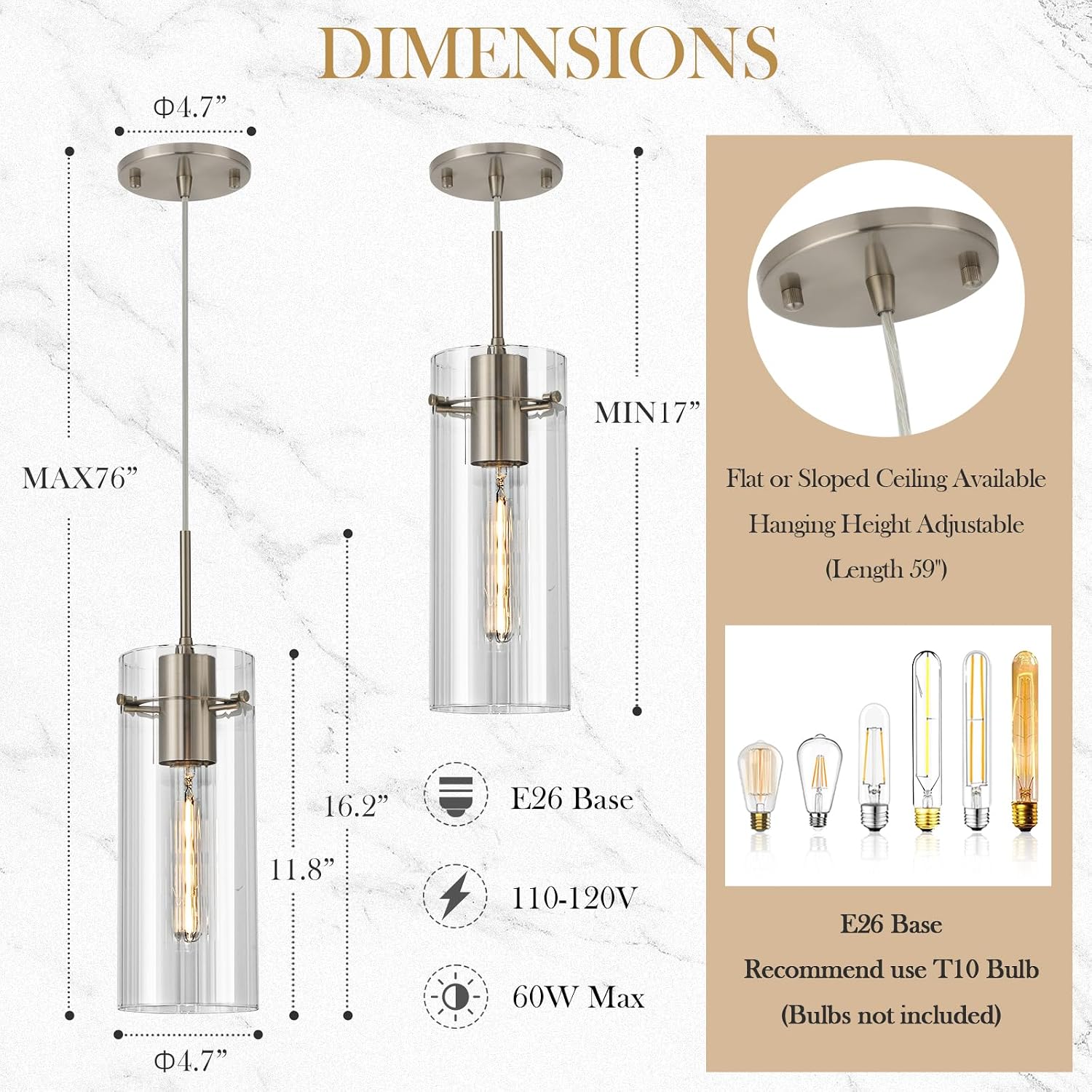 Glass Brushed Nickel Pendant Light, Modern Kitchen Island Pendant Lighting with Ribbed Glass, Adjustable Cord Single Pendant Light for Over Island, Dining Room, Bathroom Bedroom
