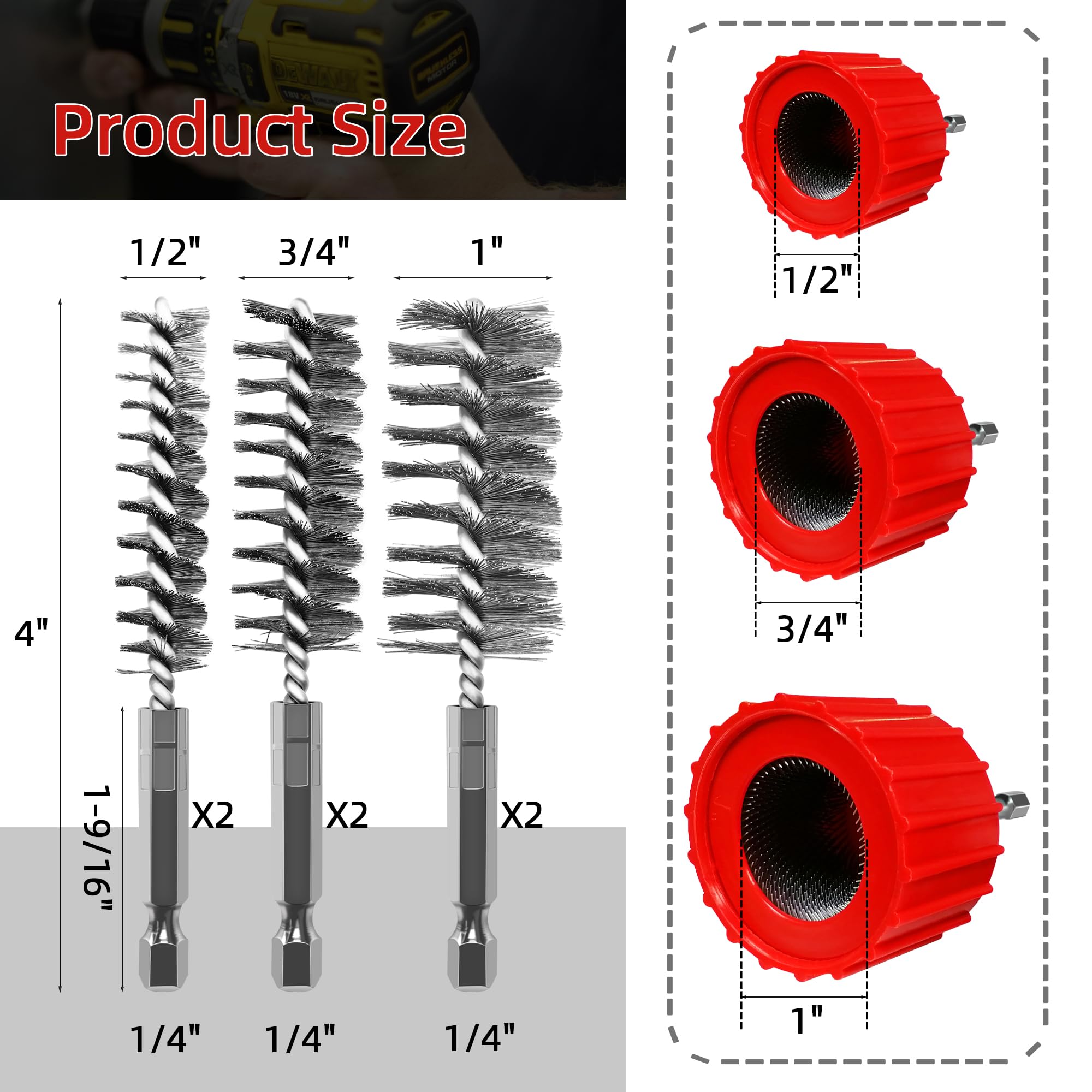 Pulitore per tubi in rame per trapano, include 3 spazzole per la pulizia del tubo (1/2", 3/4", 1") e 6 spazzole in filo di acciaio inossidabile, set di pulizia per tubi in rame pulisce tubi e