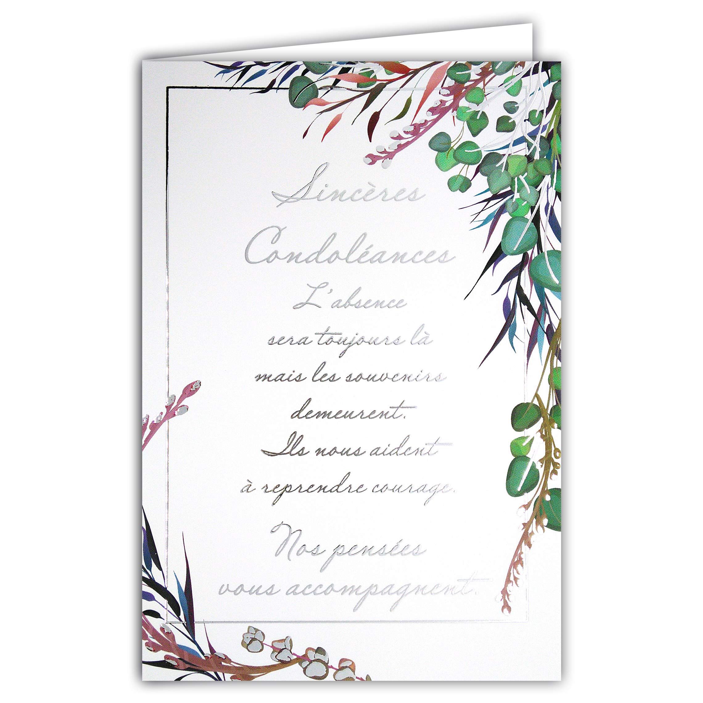 Afie 69-3064 Courage Condolleance Card Our Thoughts Accompany You Large Silver Text Shiny Silver Words Delivered with White Envelope Closed Card Size 11.5 x 17 cm Made in France