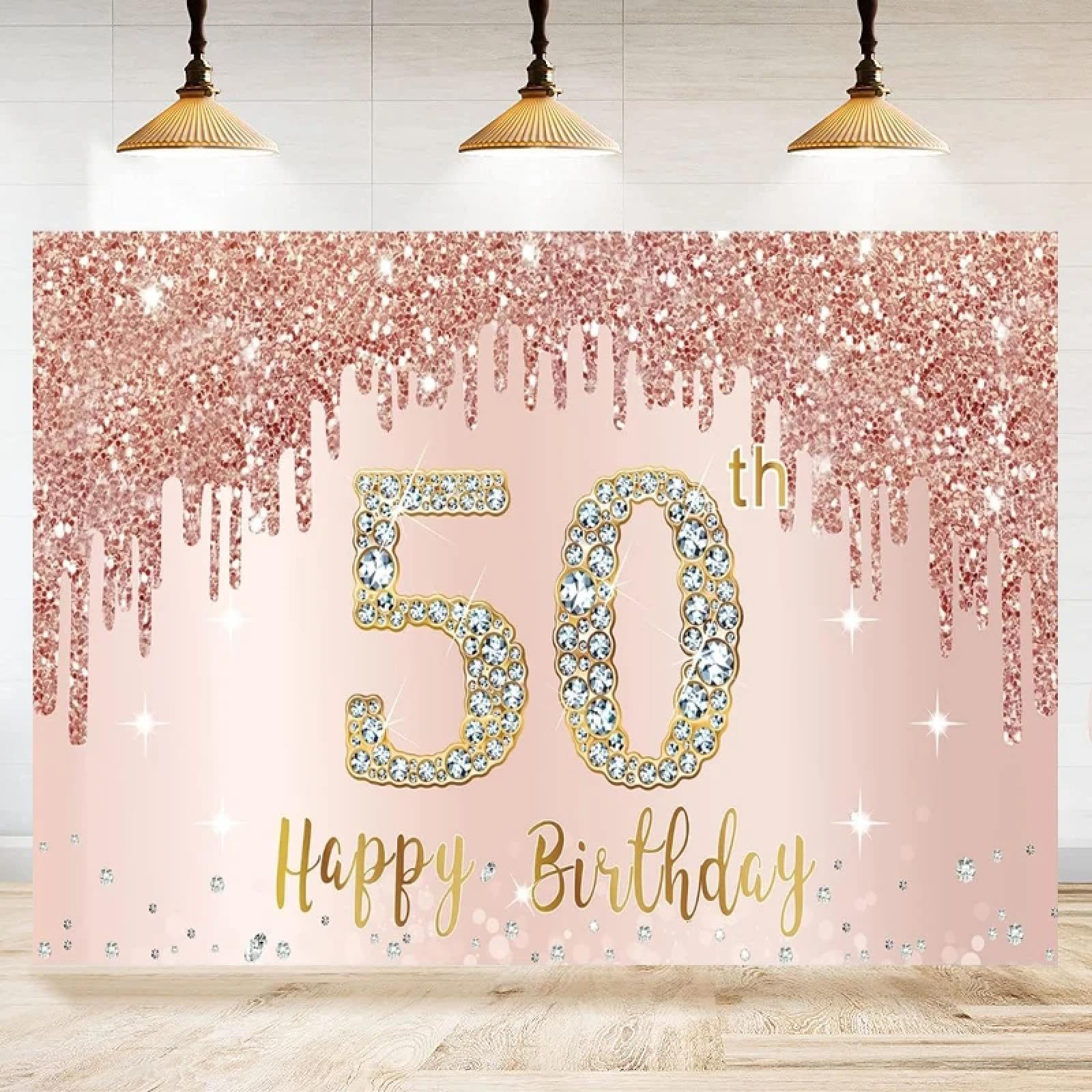 'Happy 50th Birthday' baner fotografia tło dekoracja dla kobiet różowe złoto znak różowy pięćdziesiąt urodziny plakat tło 250 x 180 cm