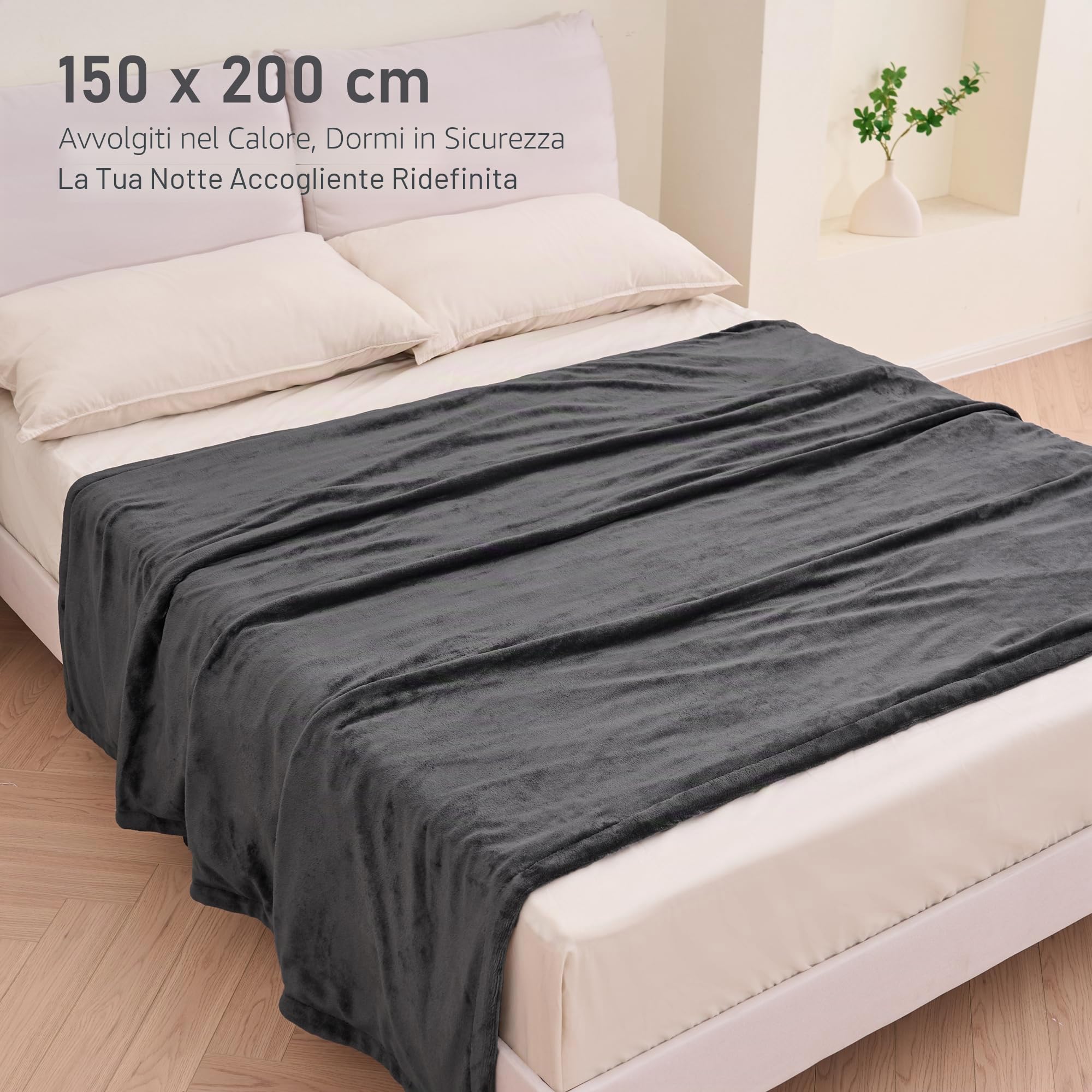 CURECURE Grande Coperta Termica 150 x 200 cm Riscaldamento Rapido, Grande e Morbida in Flanella con 1-10 ore di Spegnimento Automatico e 4 Livelli di Calore, Lavabile in Lavatrice