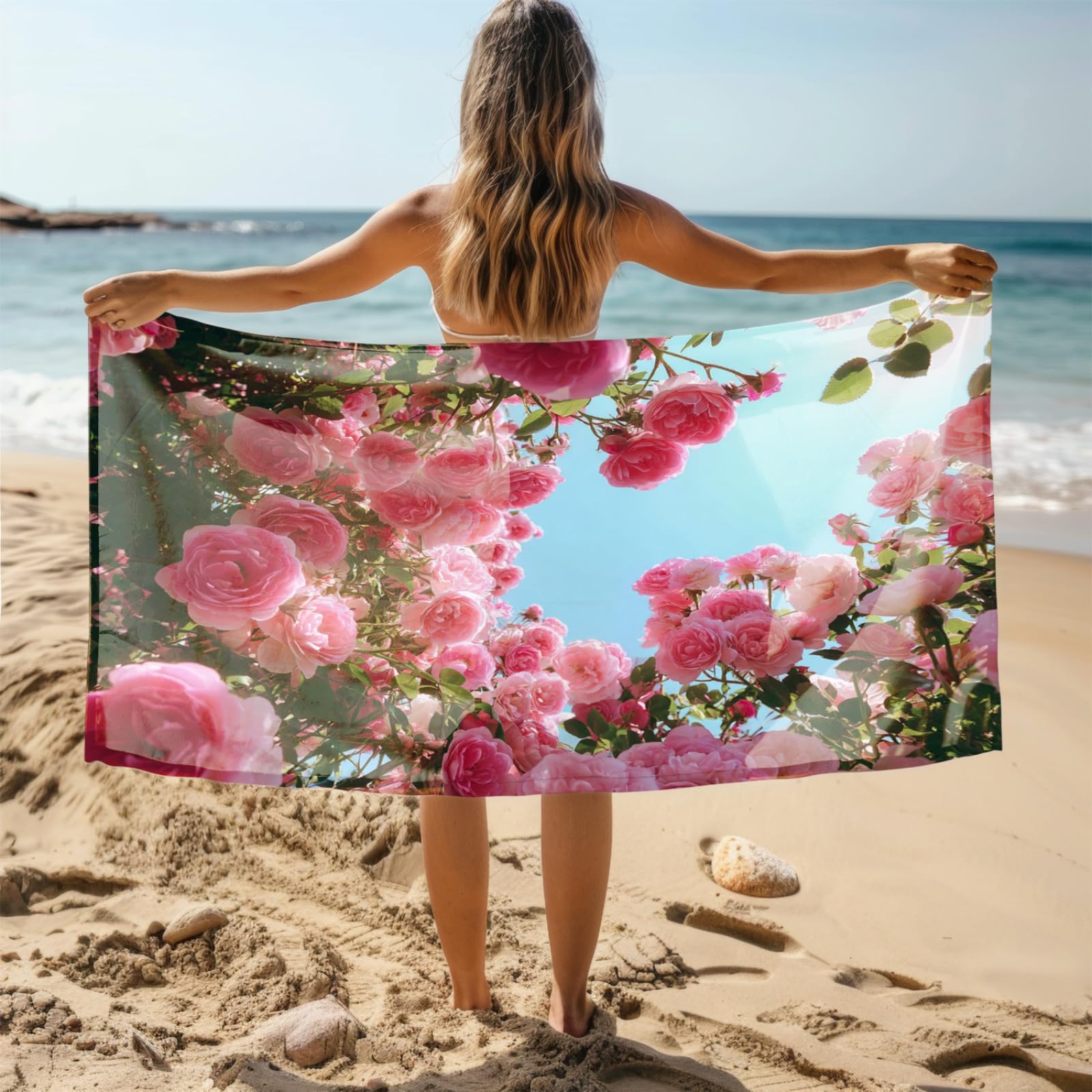 Générique Serviette Microfibre Plage Fleur Rose Bleu