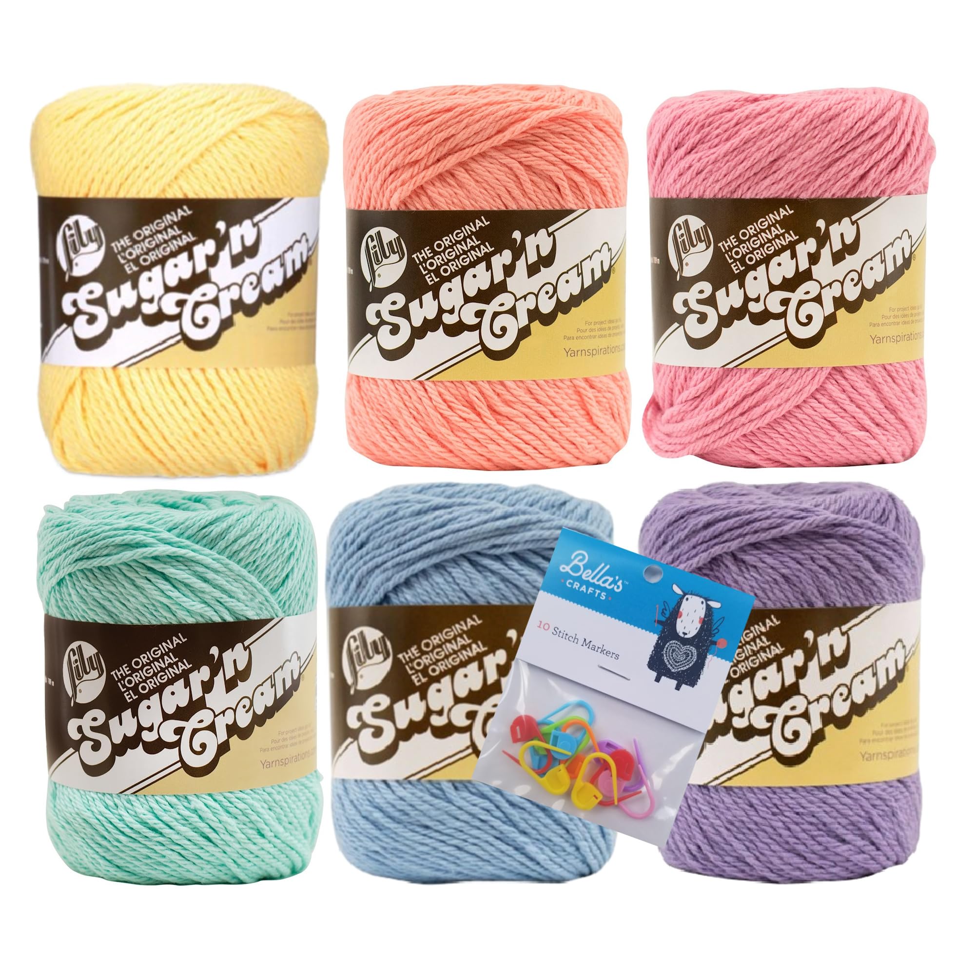 Lily Sugar'n Cream 100% Cotton Yarn 6-Pack Bundle with Bella's Crafts Stitch Markers (Pastel Solids)