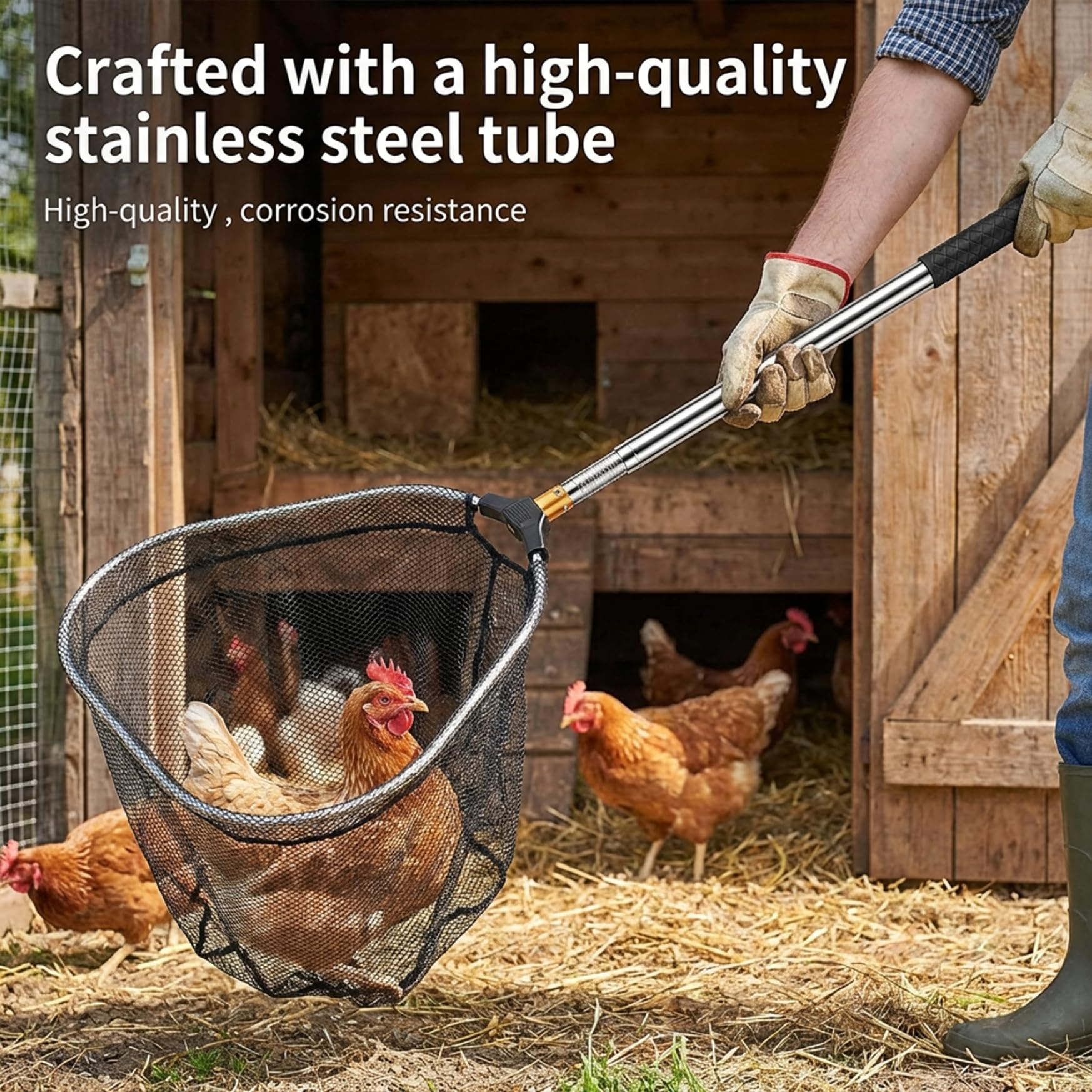 Red para atrapar pollos, red para atrapar pollos, receptor telescópico con extensión de tubo de acero inoxidable, gancho para aves de corral para pájaros, perros y animales pequeños
