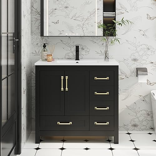 Miniatura 21 de eclife Tocadores de baño de 30 pulgadas con lavabo, moderno gabinete de almacenamiento de baño de madera gruesa con fregadero empotrado, drenaje