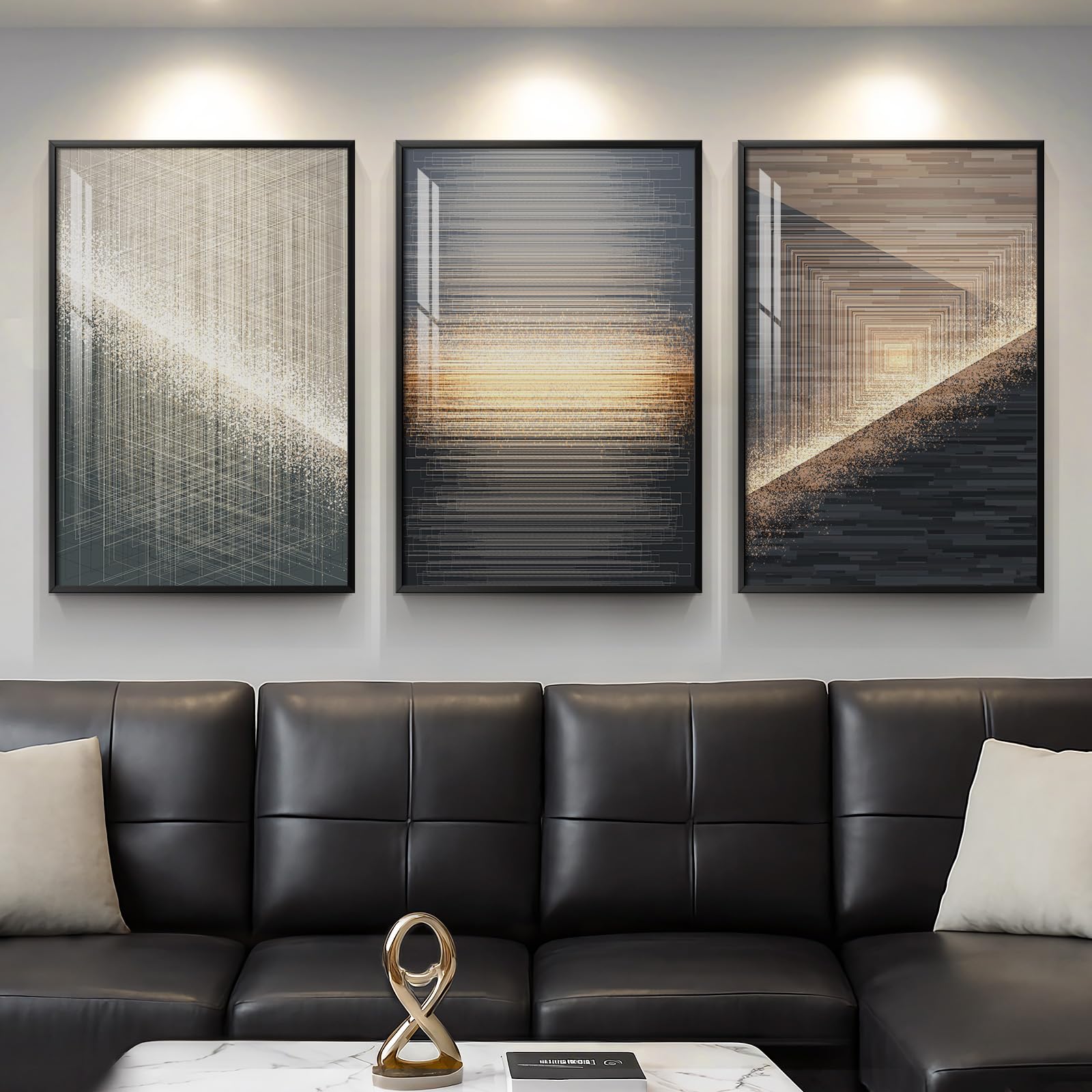 Large Framed Black and Gold Modern Luxury Abstract Wall Art for Living Room, 3 Piece Brights Prints Paintings Artwork for Walls, Geometric Line Pictures for Entryway Dining Bedroom Wall Decor 24x36 In