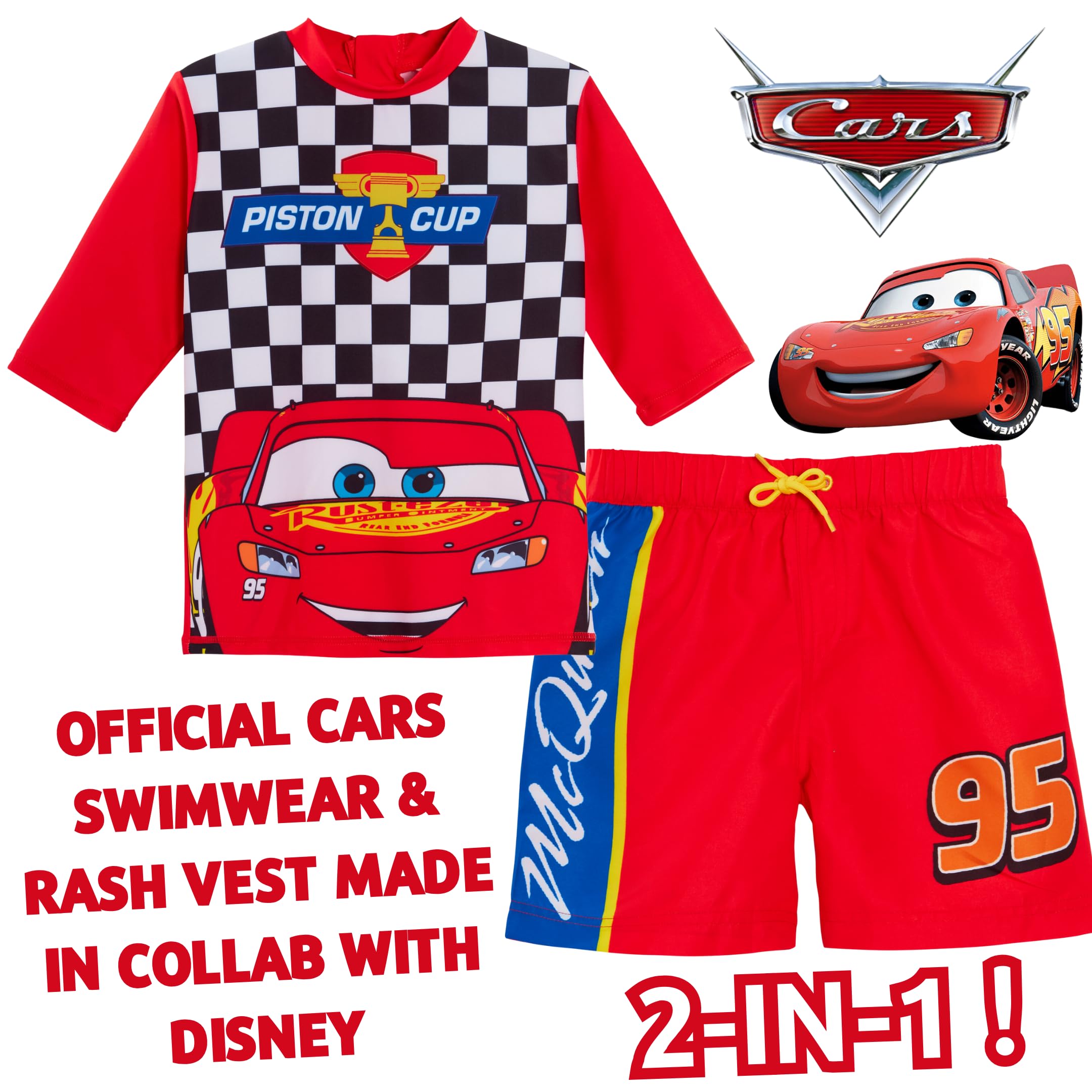 Szorty kąpielowe chłopięce Cars + Rash Vest Lighting McQueen, 2-częściowy zestaw kąpielowy dla dzieci, do surfowania + szorty, zestaw do pływania
