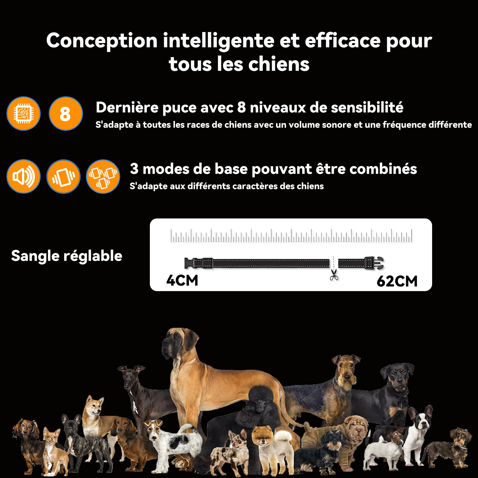 Collier Anti Aboiement - Conformes à La Nouvelle Loi 2024 - Collier Vibrant,sans Choc Statique avec 8 Sensibilité Réglables, 3 Modes Sonore/Vibration/Forte Vibration, Adapté à Tous Les Chiens, Blanc