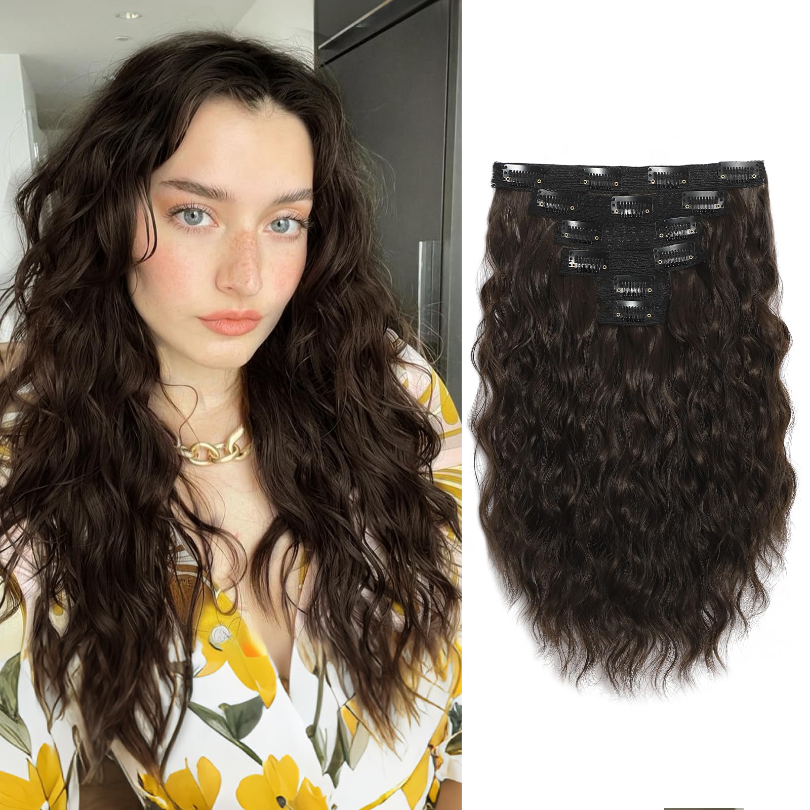 HYJ Curly Hair Extensions 6PCS Curly Clip In Hair Extensions 12" Short Clip Ins Brown hair extensions Invisible Lace Weft Natural Synthesis Hairpieces