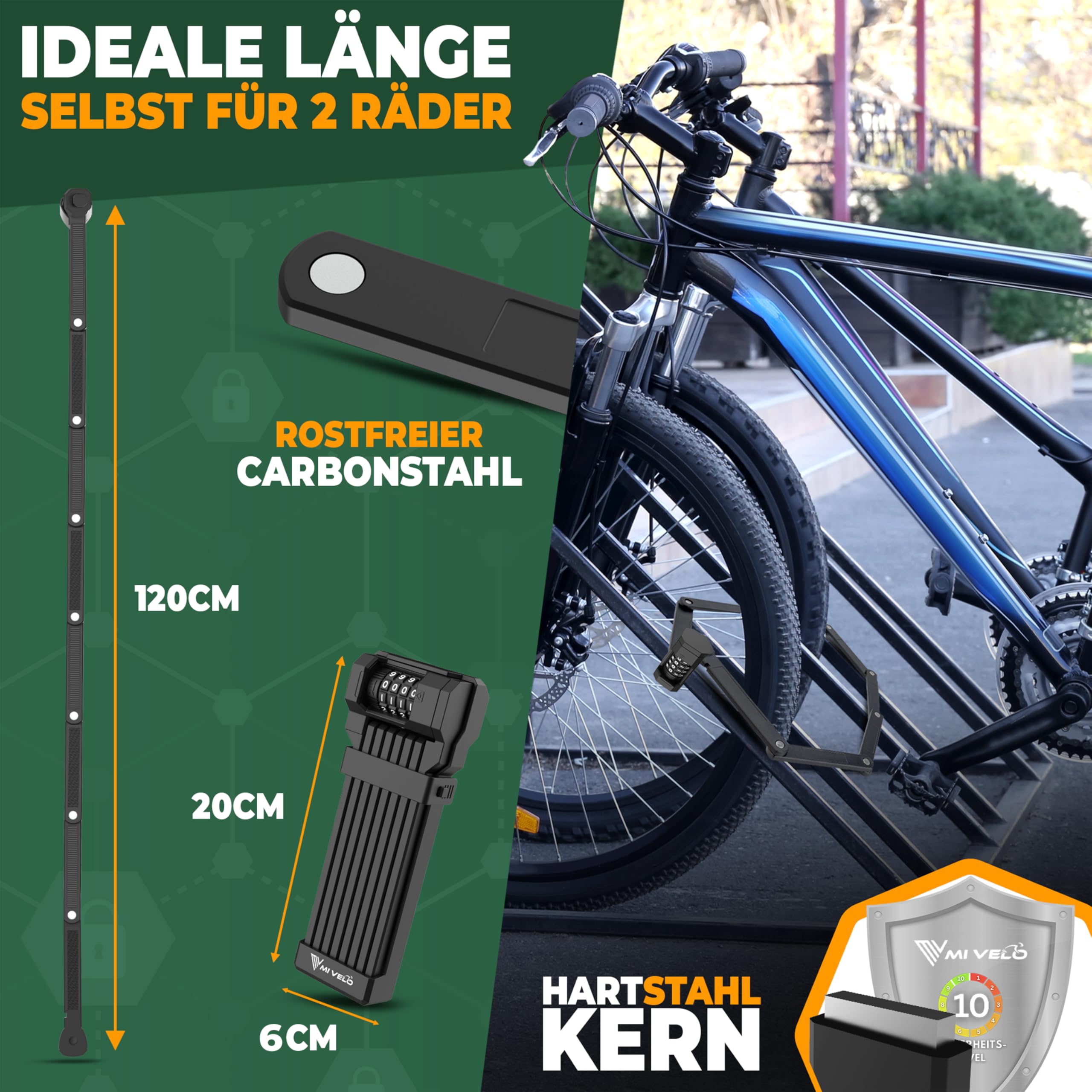 MIVELO Fahrradschloss Faltschloss hohe Sicherheit 120cm lang I Fahrrad Schloss Zahlenschloss inkl. Halterung I Ideal für E Bike, MTB & Rennrad Sport & Freizeit
