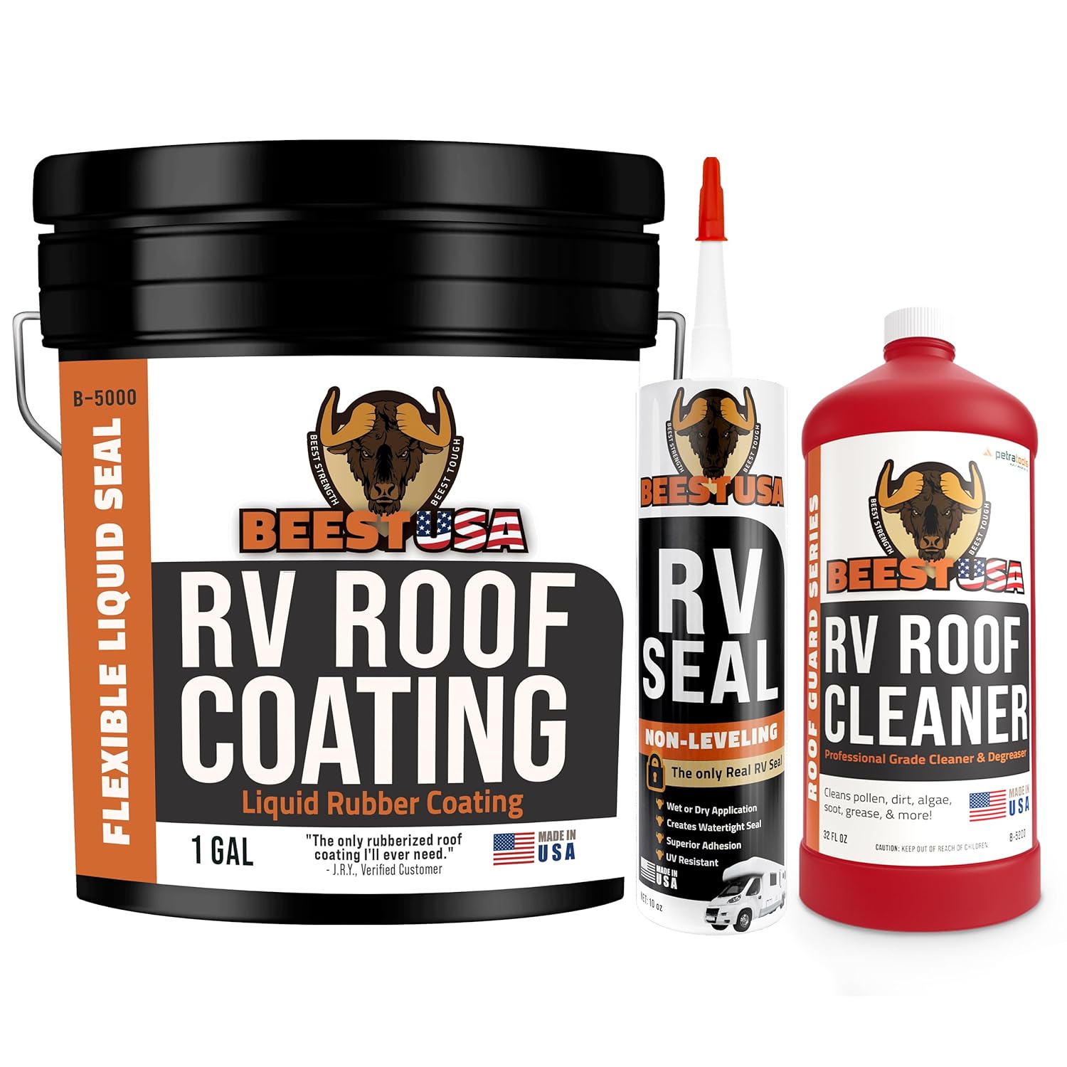 BEEST RV Roof Protection Bundle – 3.5-Gallon White Coating, Non-Leveling Sealant & Heavy-Duty Roof Cleaner | Complete Prep, Seal & Protect Kit for Campers & Trailers