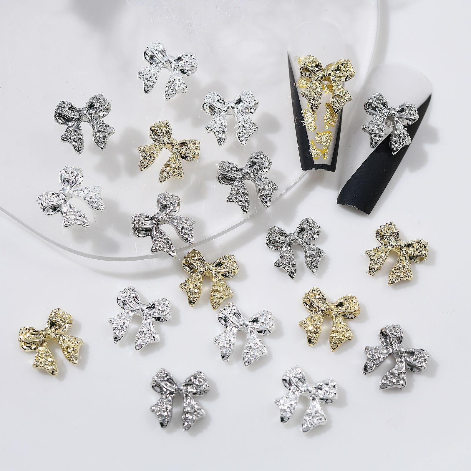 OTKARXUS Bow Nail Charms,30PCS Gold Silver Metal Nail Art Bows,Bowknot Bow Tie Nail Gems Alloy Nail Art Decorations Supplies for Women Girls Manicure Design DIY Crafts (D Gold & Silver)