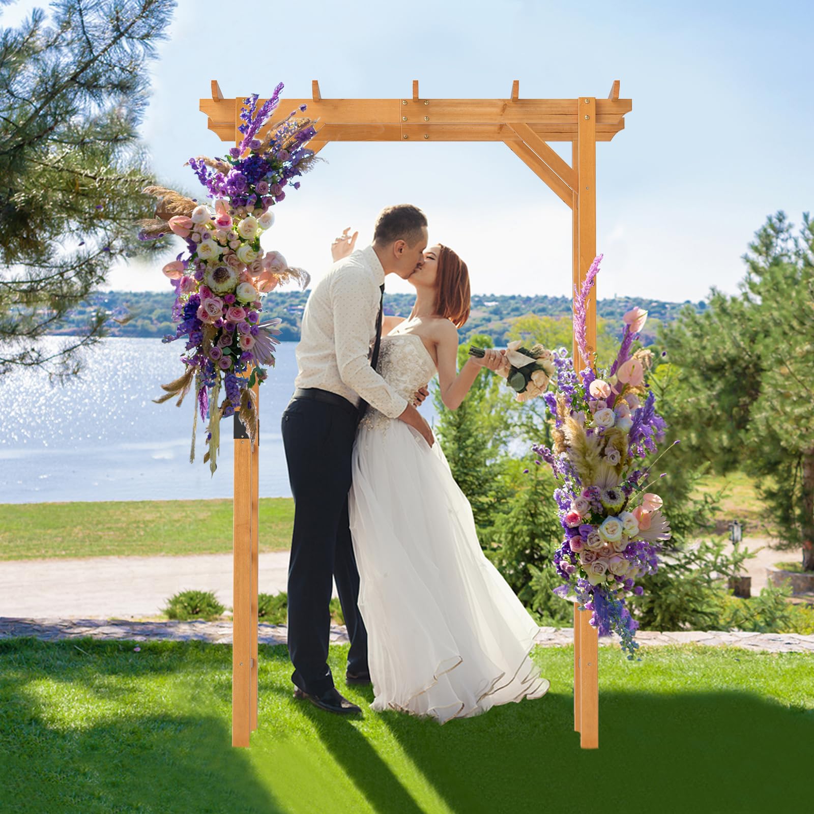 HOMASIS Arche de Jardin en Bois, Arche pour Escalade avec Auvent, Tonnelle Extérieure pour Roses et Glycines, Décoration de Jardin pour Fête et Mariage (140 x 60 x 215 cm)
