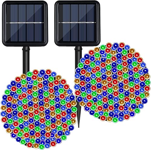 YAOZHOU Guirnalda de luces solares de Navidad impermeables para exteriores, paquete de 2 unidades en total de 144 pies, 400 luces LED multicolor,