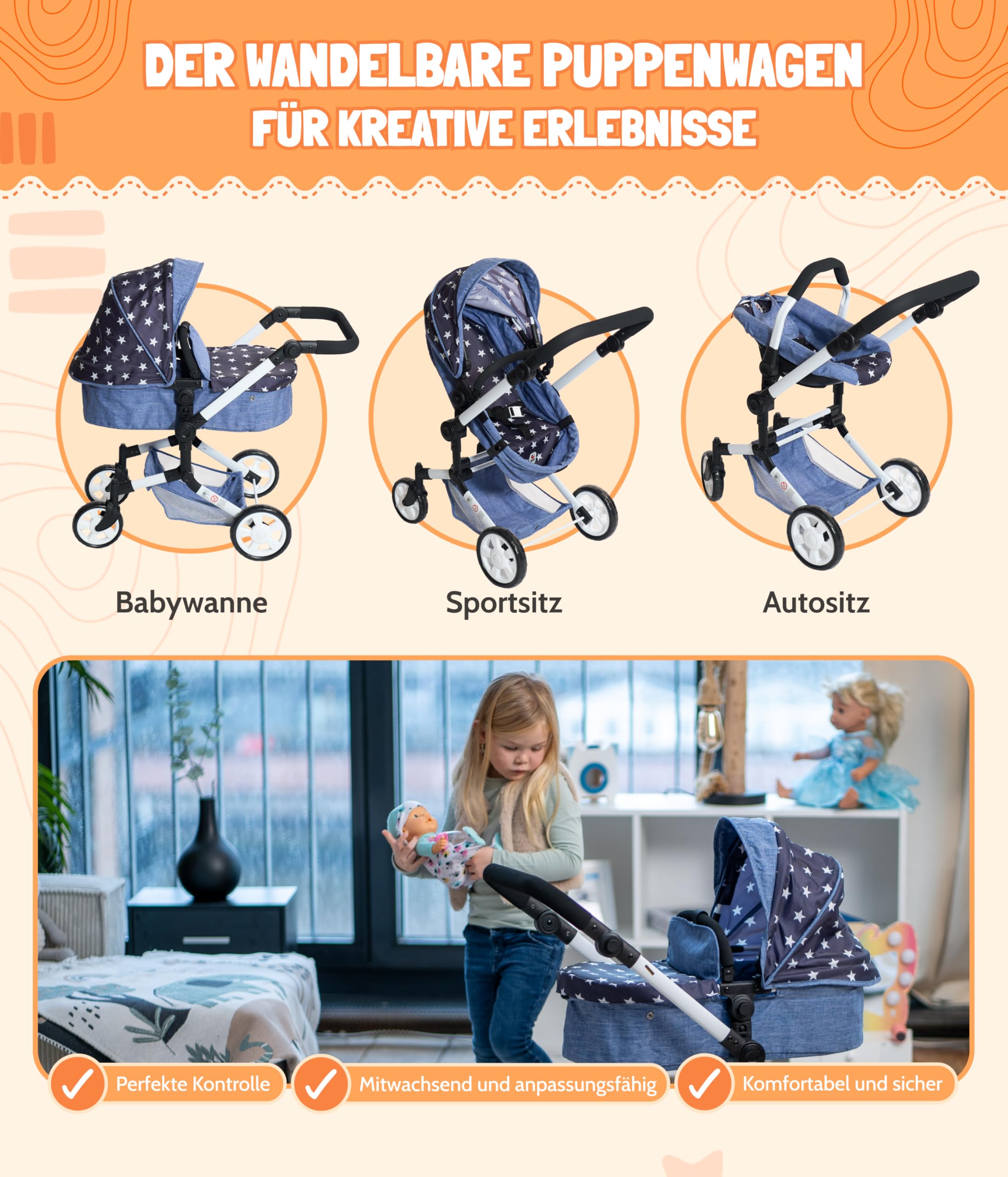 Bayer Chic 2000 - Wózek dla lalek Linus, wózek dla lalek kombi 3 w 1 dla dzieci w wieku od 4 do 8 lat, zestaw wózków dla lalek z fotelem samochodowym dla lalek, gwiazdka, granatowy