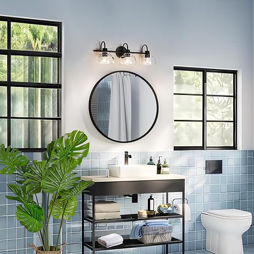 Miniatura 6 de KSANA Lámpara de baño negra, lámpara de tocador de 3 luces con pantalla de cristal transparente de gran apertura, moderna lámpara de pared de granja
