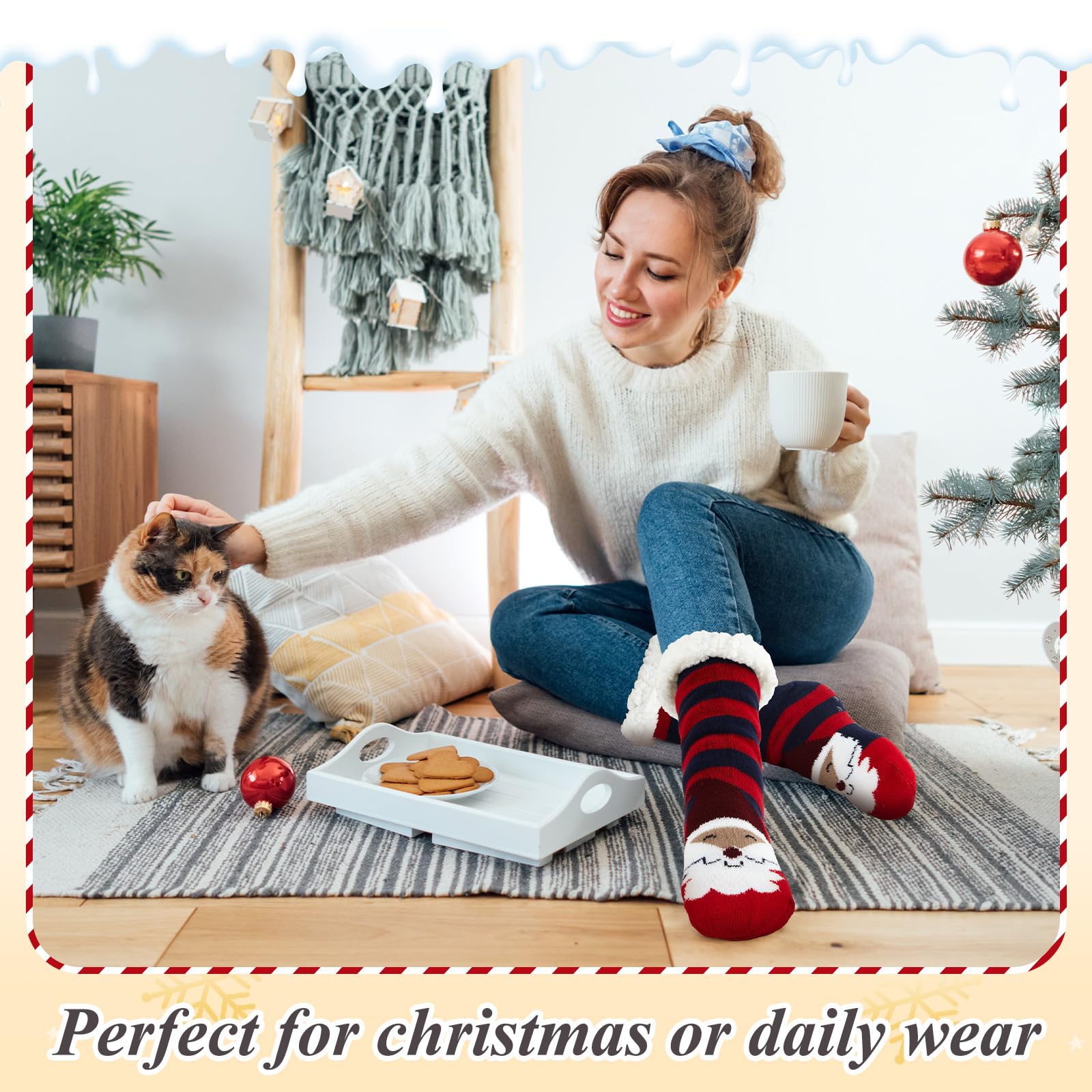 Hestya 3 Paires de Chaussons de Noël Chaussettes de Lit Antidérapantes Chaussettes d'Hiver Moelleuses pour Noël