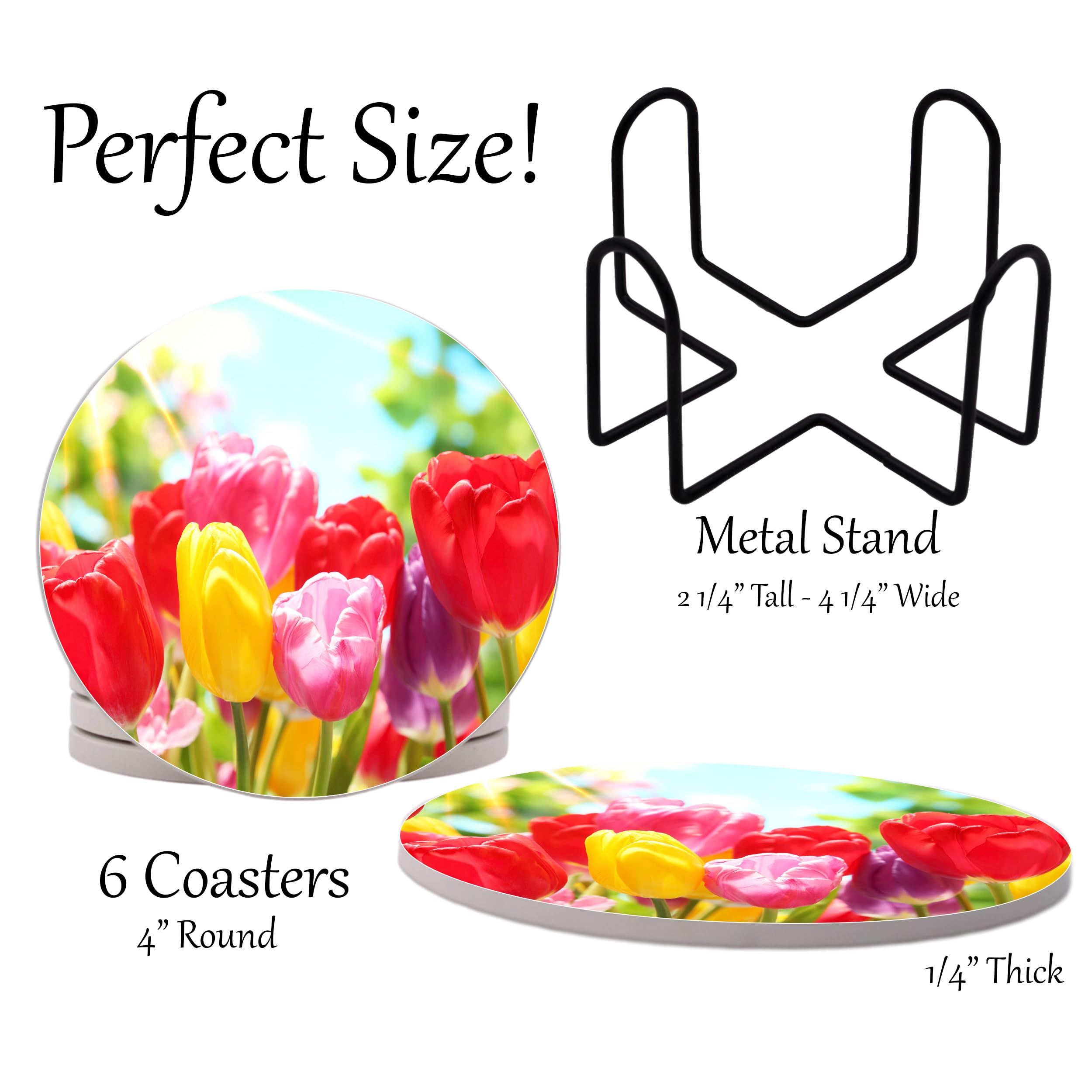 Abosrbent - Set di 6 sottobicchieri rotondi in ceramica con supporto in metallo per bevande, caffè, retro in sughero antiscivolo per protezione da tavolo, 10 cm (tulipani)