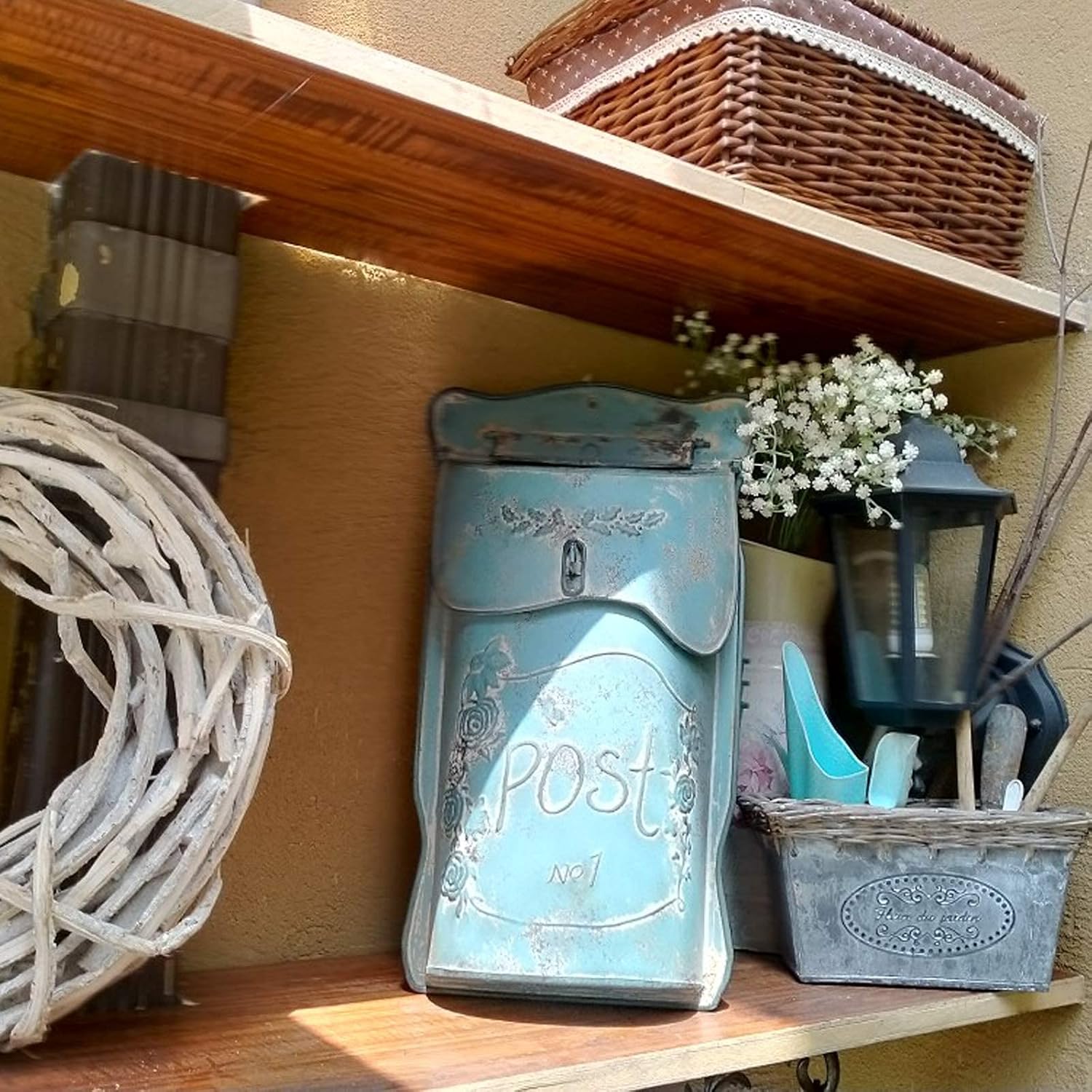 Wall Mount Letterbox Post Box Mailbox Suggestion Box Vintage Iron Country House Outdoor Home Decoration - Blue Green