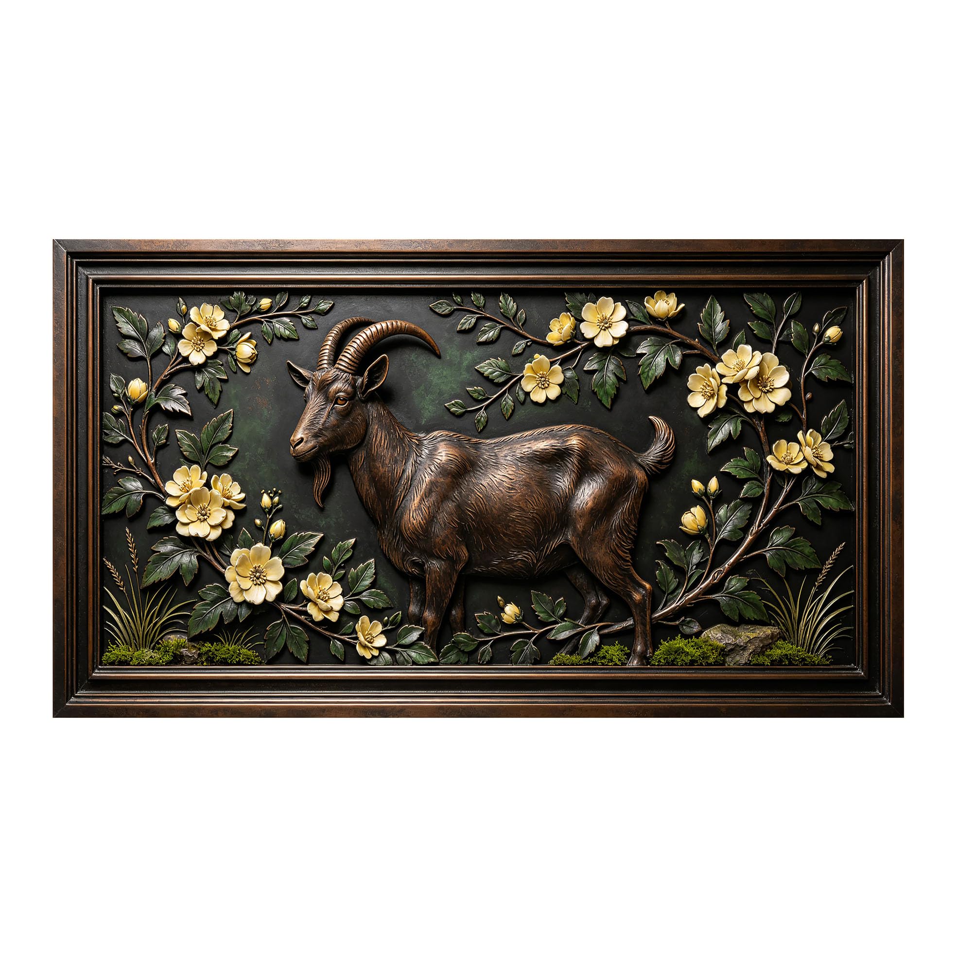 Yzpallescene 3D 3D Framed Wall Art 50cm×90cm Retro Goat Botanical Floral Relief Effect Large Size SelfAdhesive Removable Wall Decor Prints Artwork for Living Room Bedroom Office