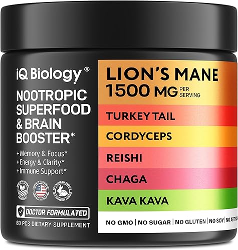 IQ BIOLOGY Suplemento de hongos Leones Melena Kava Kava Rhodiola Rosea Vitamina B12 Cola de pavo Reishi - Complejo de hongos nootrópicos Ashwagandha