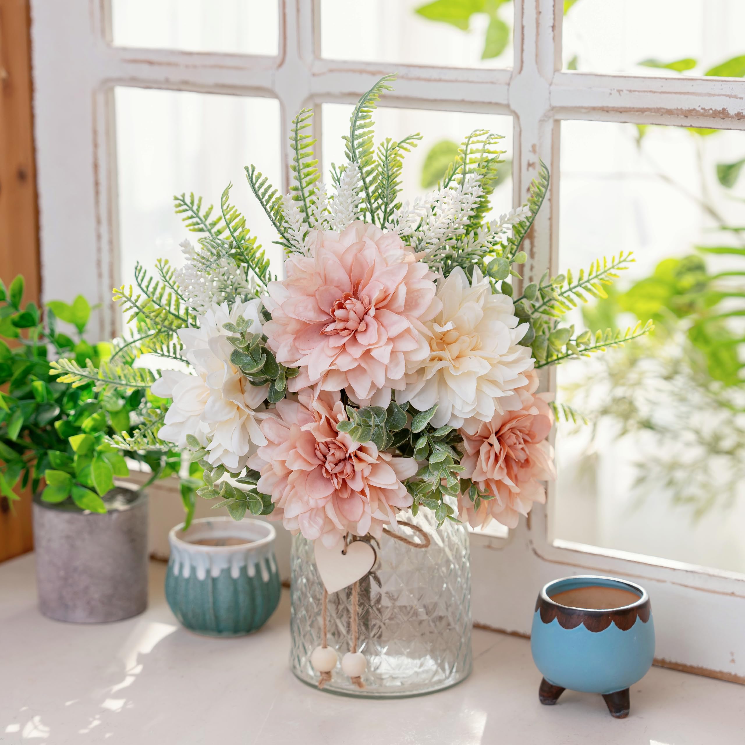 Yorkmills Fake Flowers with Vase,Pink Dahlias,Silk Artificial Flowers in Pot,Faux Flowers in Vase with a Flower Arrangement Holder - Image 3