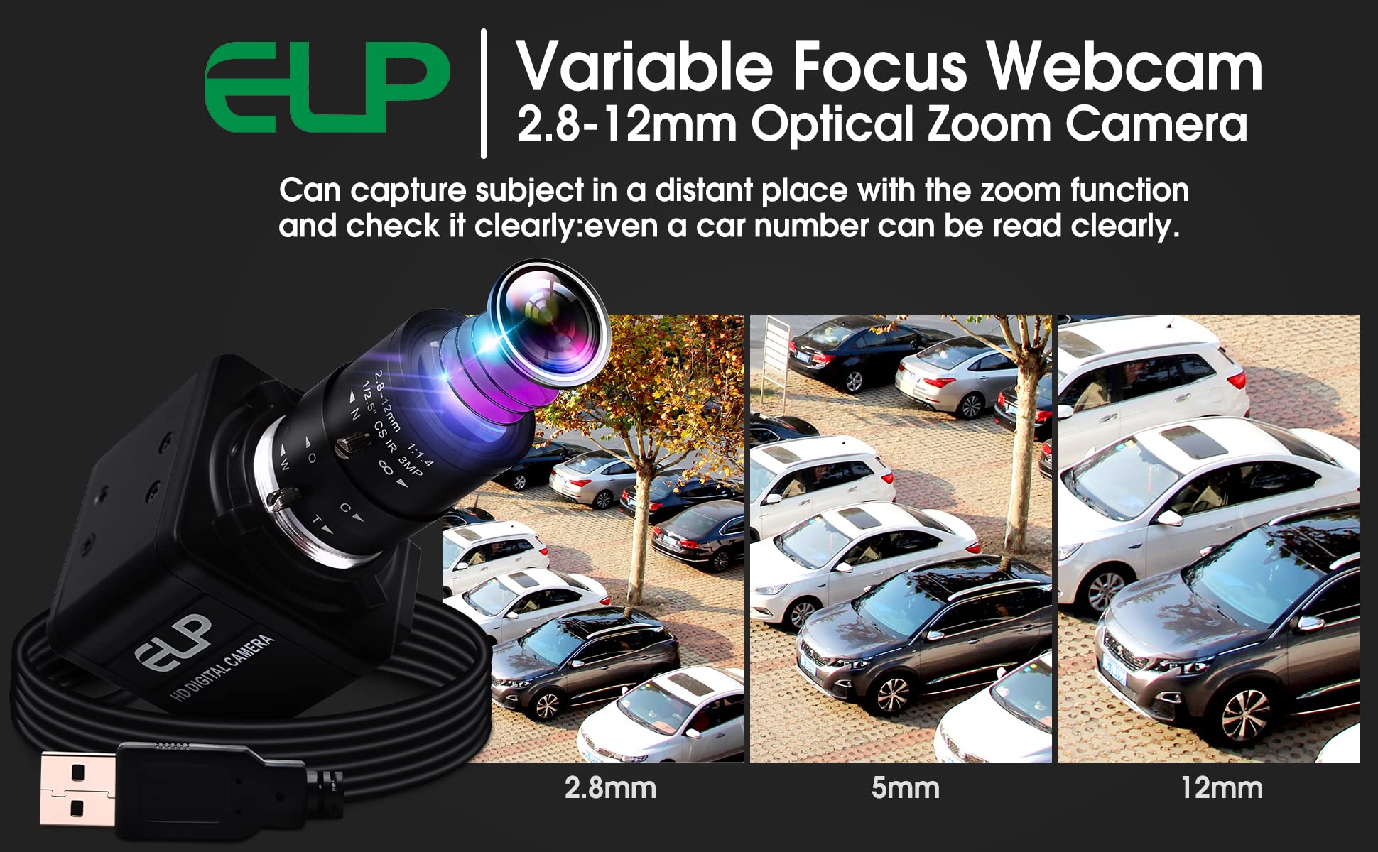 G Varifocal Webcam USB 2 MP avec zoom optique 4X, 2,8 à 12 mm, FHD H.264 1080p, objectif varifocale avec capteur IMX323, mise au point réglable, caméra USB Raspberry Pi 0,01 lux