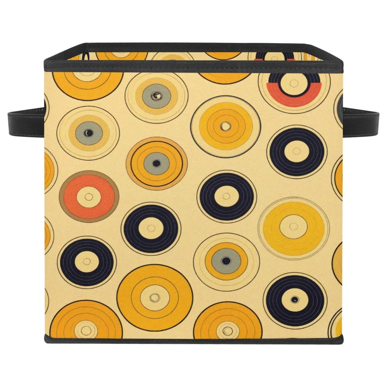 Boîte de rangement pliable à motif disques jaunes et grand cube avec poignées cuir