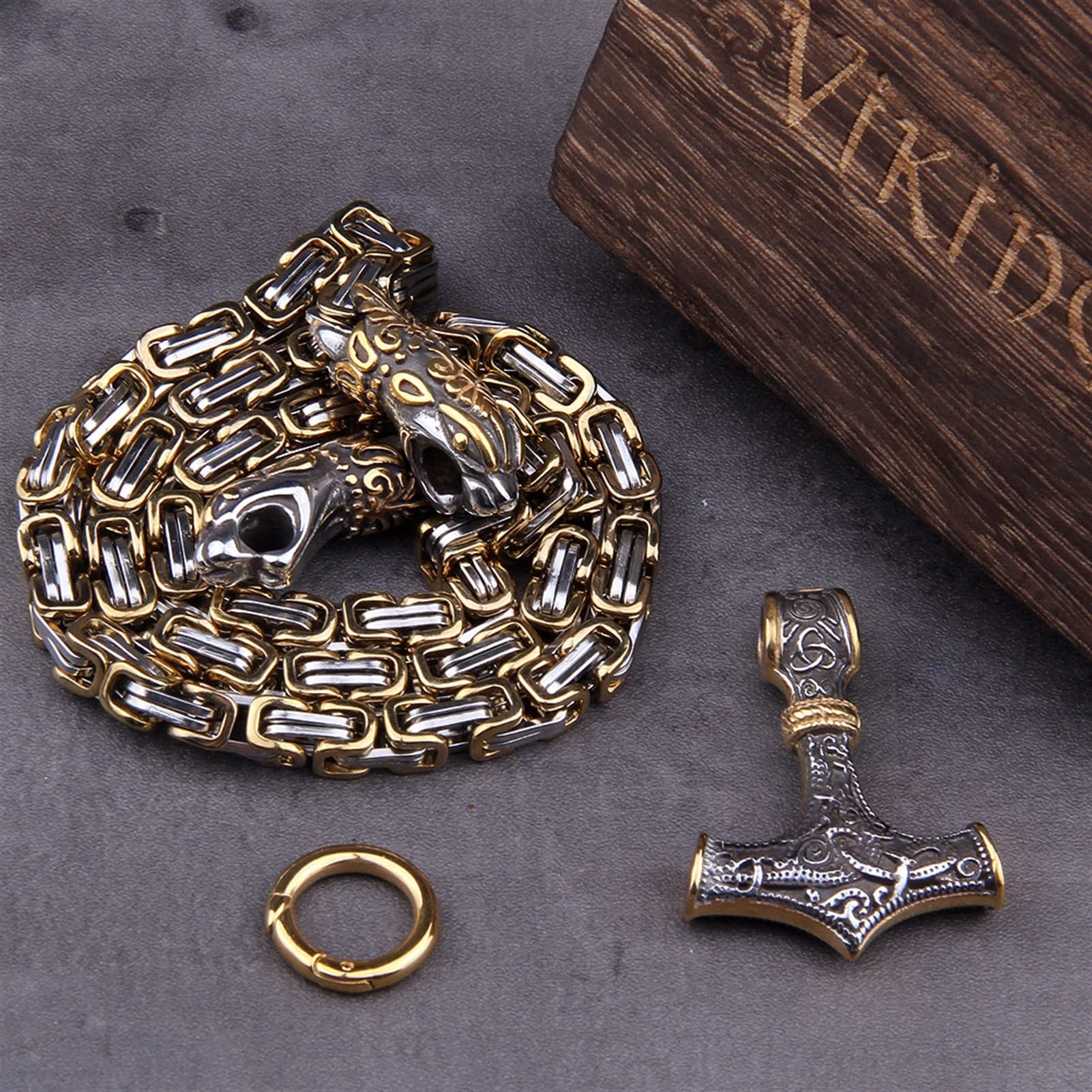 Männer Edelstahl Drachenkopf Norse Wikinger Hammer Anhänger Halskette als Männer Geschenk mit Holzkiste Ketten für Herren (Length : 50cm, Metal Color : Photo Style 1)