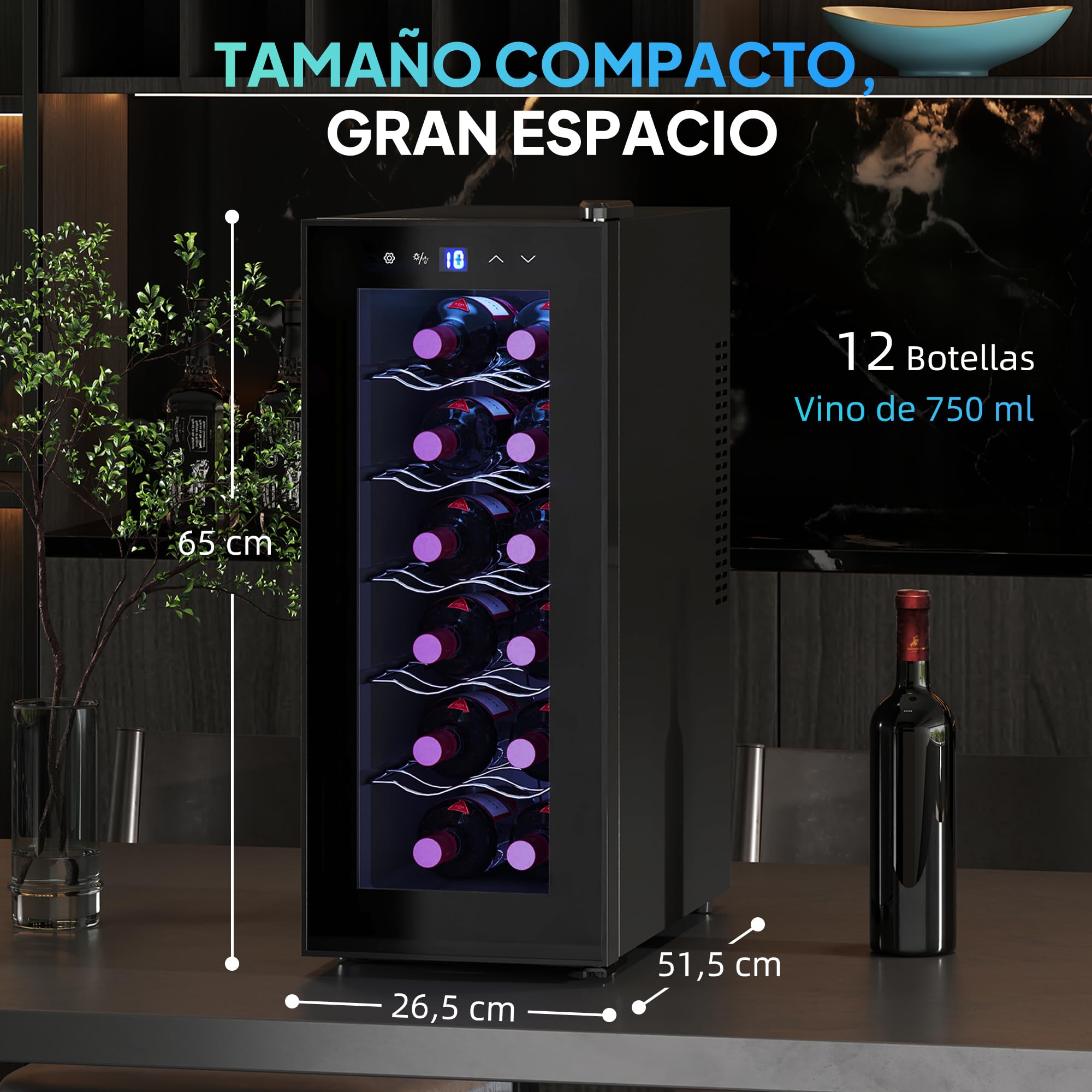 HOMCOM Vinoteca 12 Botellas, Nevera para Vinos con Doble Refrigeración Termoeléctrica, Temperatura Ajustable 8-18℃, Silencioso 37db, Puerta de Vidrio, Anti-UV, Pantalla LED, Luz Interior, Negro — view 7