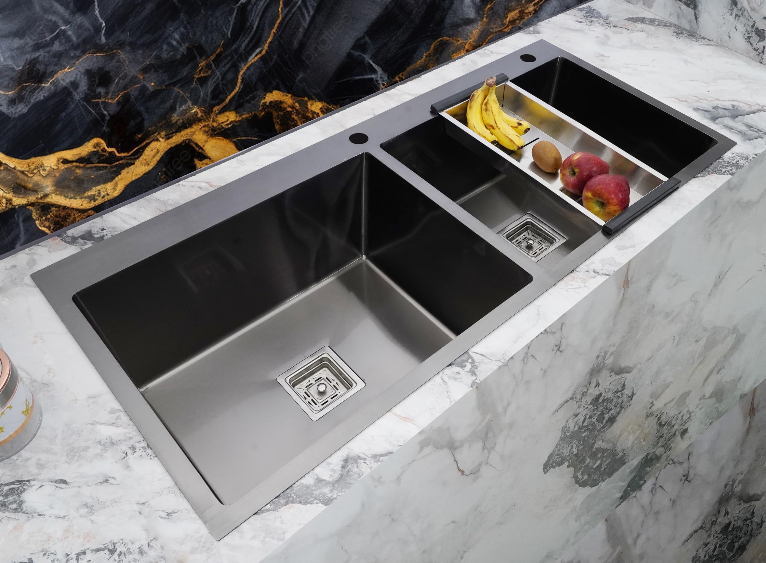 Bowls & More | 45" x 20" x 10" | Double Bowl Kitchen Sink With Tray Basket | Premium Handmade Tap-Hole SInk | Heavyduty 304 Grade Stainless Steel Matt Finish (Black) (B0DCNNJGZ4) Amazon Price History, Amazon Price Tracker